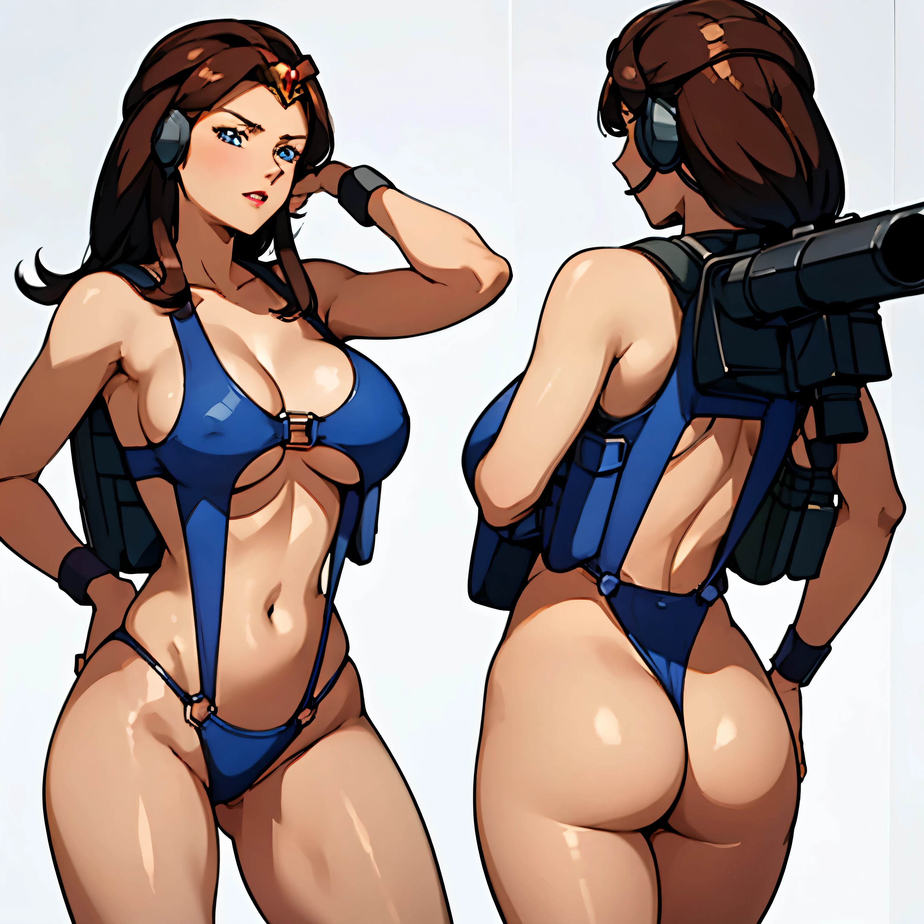 Imperial Guard Combat Uniform Swimsuit, o-ring bikini, v gundam, swimsuit, absurdres, highres, solo, cowboy shot, 1girl, neneka nibrou \(cosplay\), wristband, headphone, holster, backpack, holding gun, aiming, perfect hands, wind, hair ornament, large breast, huge breast, brown hair, blue eyes, long hair, jewelry, gem, bracelet, crown, lipstick, crouching, from back, from behind, looking from back, view from back, ass