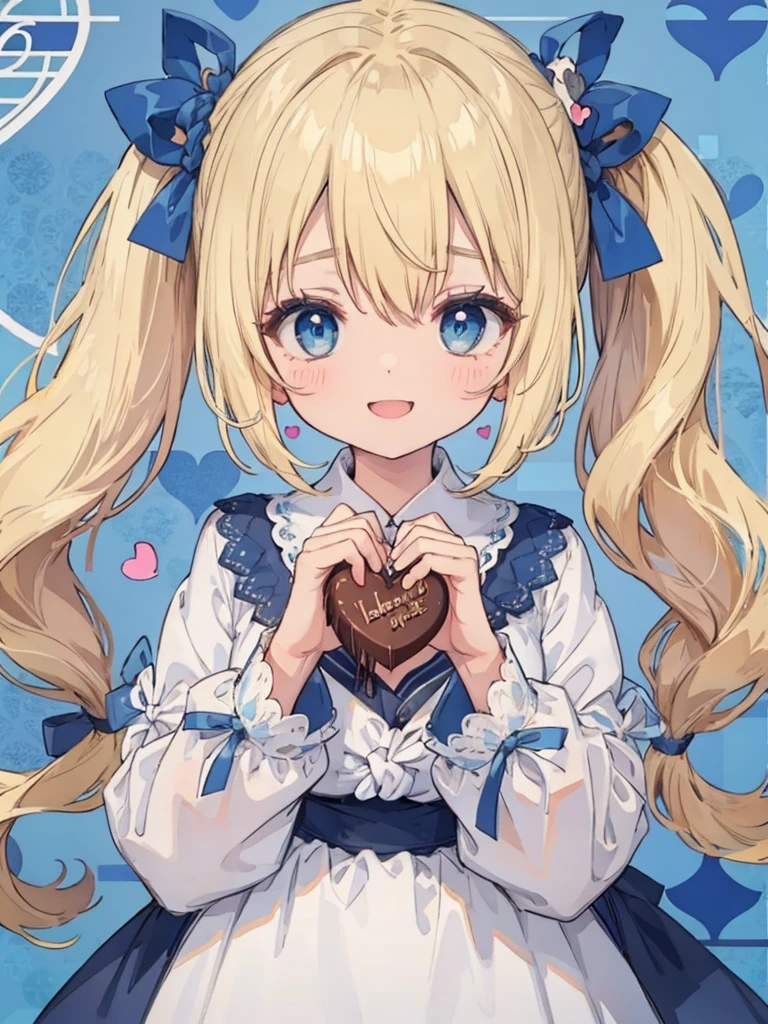 1girl、((blonde:1.3))、((Hair tied around the temporal lobe:1.2))、(((side ponytail:1.2)))、((The end of the ponytail is fluffy))、((BREAK))、((blue eyes:1.2))、(beautiful eyes)、((big blue ribbon in hair knot:1.35))、(Voluminous long-sleeved dress with lace)、(A shy yet triumphant look)、((BREAK))、(((Valentine)))、((holding a large wrapped chocolate in his hand:1.15))、chocolate present、((BREAK))、((Heart line pattern background:1.35))、close up of face、smile
