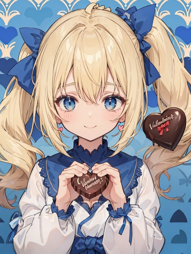 1girl、((blonde:1.3))、((Hair tied around the temporal lobe:1.2))、(((side ponytail:1.2)))、((The end of the ponytail is fluffy))、((BREAK))、((blue eyes:1.2))、(beautiful eyes)、((big blue ribbon in hair knot:1.35))、(Voluminous long-sleeved dress with lace)、(A shy yet triumphant look)、((BREAK))、(((Valentine)))、((holding a large wrapped chocolate in his hand:1.15))、chocolate present、((BREAK))、((Heart line pattern background:1.35))、close up of face、smile