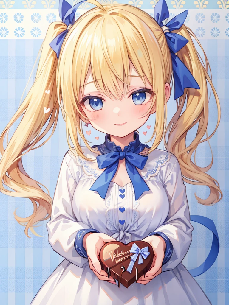 1girl、((blonde:1.3))、((Hair tied around the temporal lobe:1.2))、(((side ponytail:1.2)))、((The end of the ponytail is fluffy))、((BREAK))、((blue eyes:1.2))、(beautiful eyes)、((big blue ribbon in hair knot:1.35))、(Voluminous long-sleeved dress with lace)、(A shy yet triumphant look)、((BREAK))、(((Valentine)))、((holding a large wrapped chocolate in his hand:1.15))、chocolate present、((BREAK))、((Heart line pattern background:1.35))、close up of face、smile