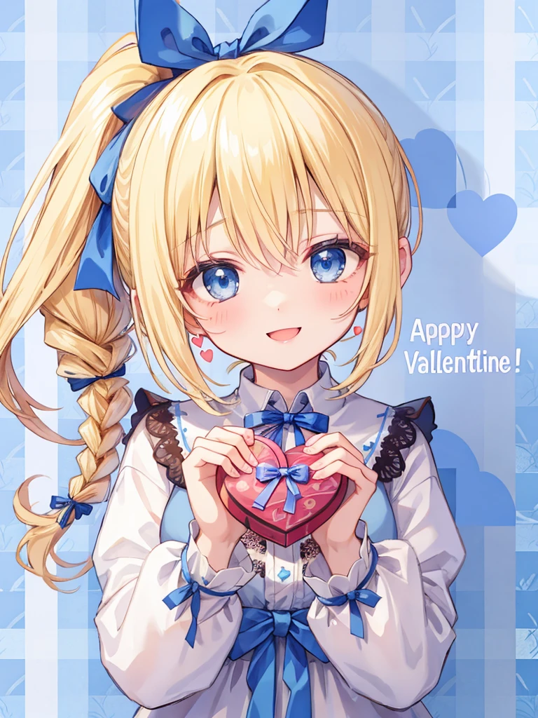 1girl、((blonde:1.3))、((Hair tied around the temporal lobe:1.2))、(((side ponytail:1.2)))、((The end of the ponytail is fluffy))、((BREAK))、((blue eyes:1.2))、(beautiful eyes)、((big blue ribbon in hair knot:1.35))、(Voluminous long-sleeved dress with lace)、(A shy yet triumphant look)、((BREAK))、(((Valentine)))、((holding a large wrapped chocolate in his hand:1.15))、chocolate present、((BREAK))、((Heart line pattern background:1.35))、close up of face、smile