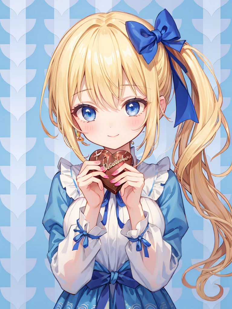1girl、((blonde:1.3))、((Hair tied around the temporal lobe:1.2))、(((side ponytail:1.2)))、((The end of the ponytail is fluffy))、((BREAK))、((blue eyes:1.2))、(beautiful eyes)、((big blue ribbon in hair knot:1.35))、(Voluminous long-sleeved dress with lace)、(A shy yet triumphant look)、((BREAK))、(((Valentine)))、((holding a large wrapped chocolate in his hand:1.15))、chocolate present、((BREAK))、((Heart line pattern background:1.35))、close up of face、smile