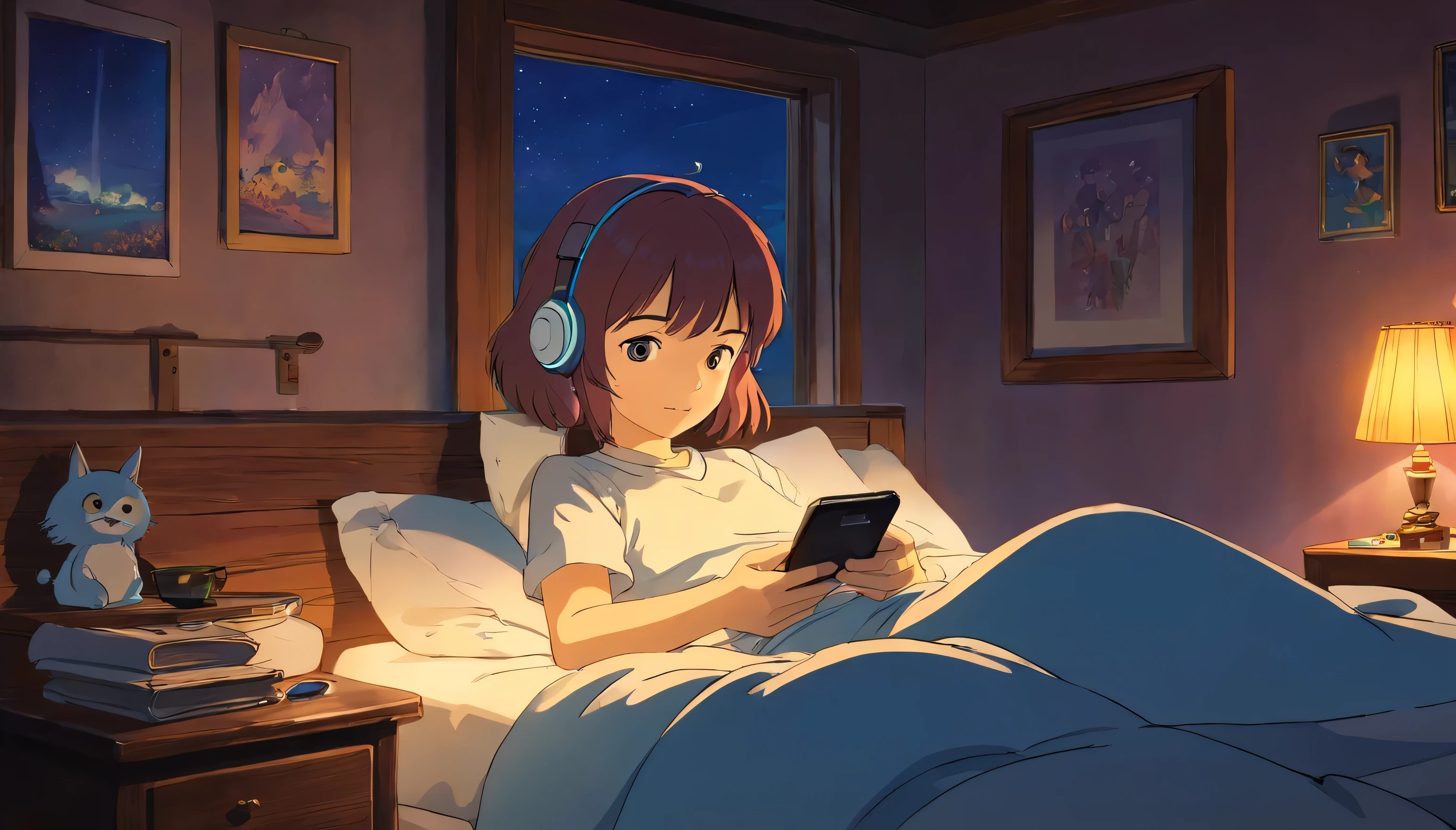 night、dark room、Warm standing light、Lying on the bed looking at my phone、girl with headphones