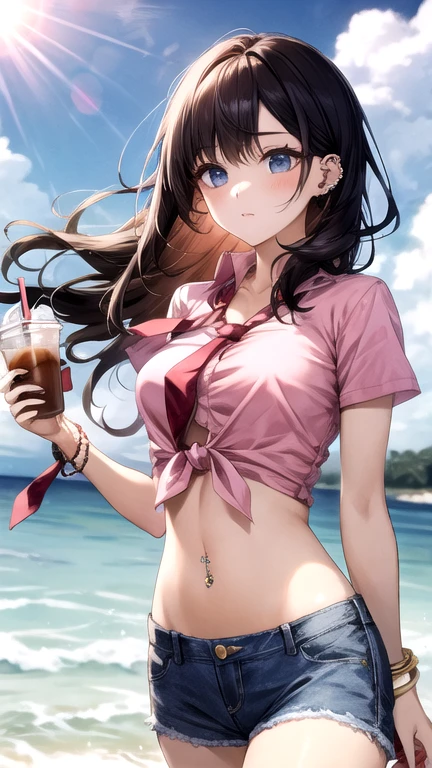 White tank top、14 years old、beautiful girl、Long Hair、Black Hair、A Cup、Beach