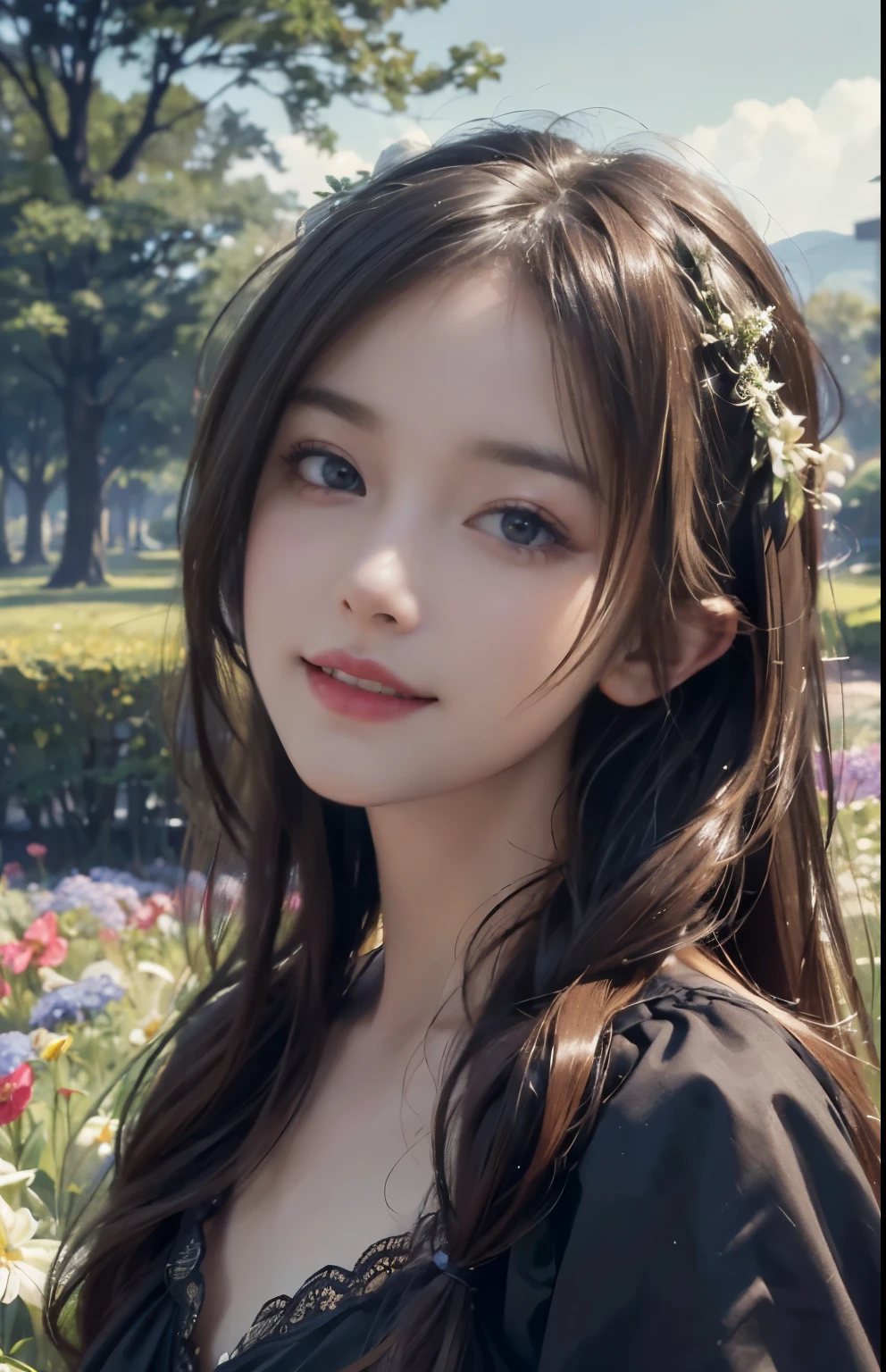 (ultra realistic) , (illustration), (increase resolution), (8K), (extremely detailed), (best illustration), (beautiful detailed eyes), (best quality), (ultra-detailed), (masterpiece),  (wallpaper), (detailed face), solo,1 girl, looking at viewers,  delicate details, low key, pureerosfaceace_v1, happy smile, dark summer dress, full body, garden