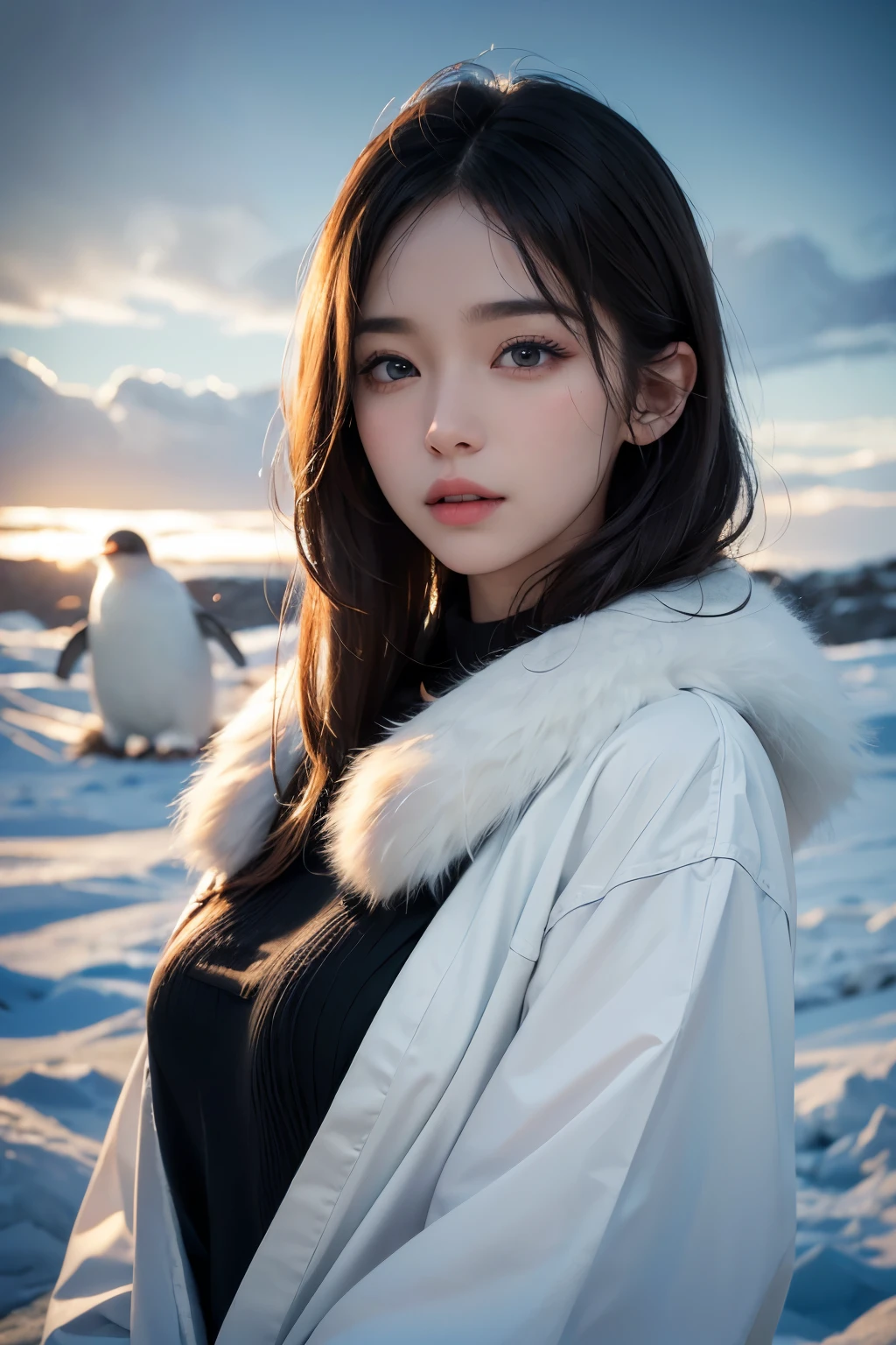 1 girl, beauty in the arctic, Exquisite eyes,beautiful and delicate lips,very detailed 눈과 얼굴,long eyelashes, with short permed hair, enchanted scenery,(best quality,4K,8 thousand,high resolution,masterpiece:1.2),very detailed,(realistic,realistic,realistic:1.37), dynamic pose, flock of penguins, fur-clad,