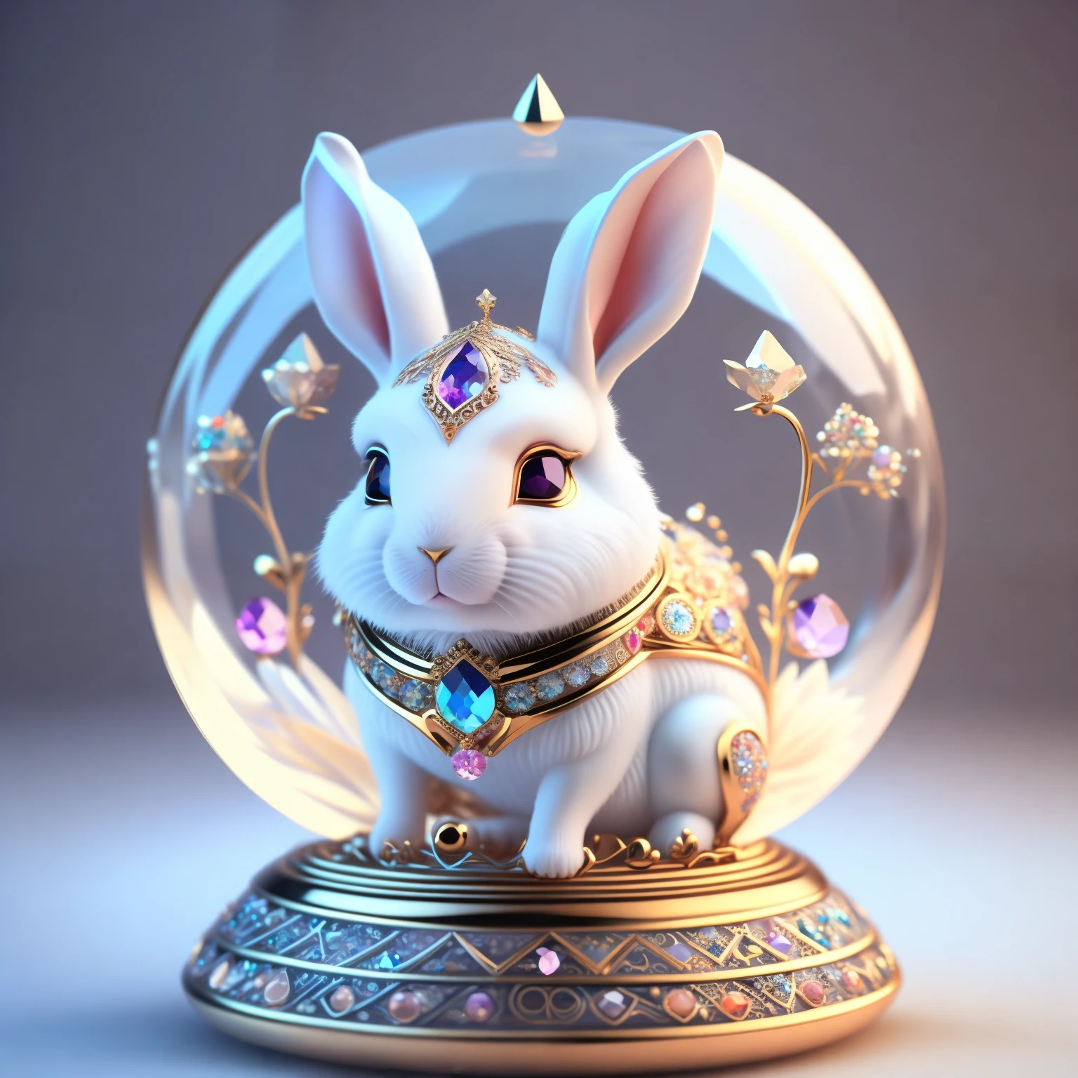 Cute crystal ball zodiac rabbit，Embellished with various jewelry pieces and low-poly eye designs, is a highly detailed and complex concept art piece using Artstation 8k quality.