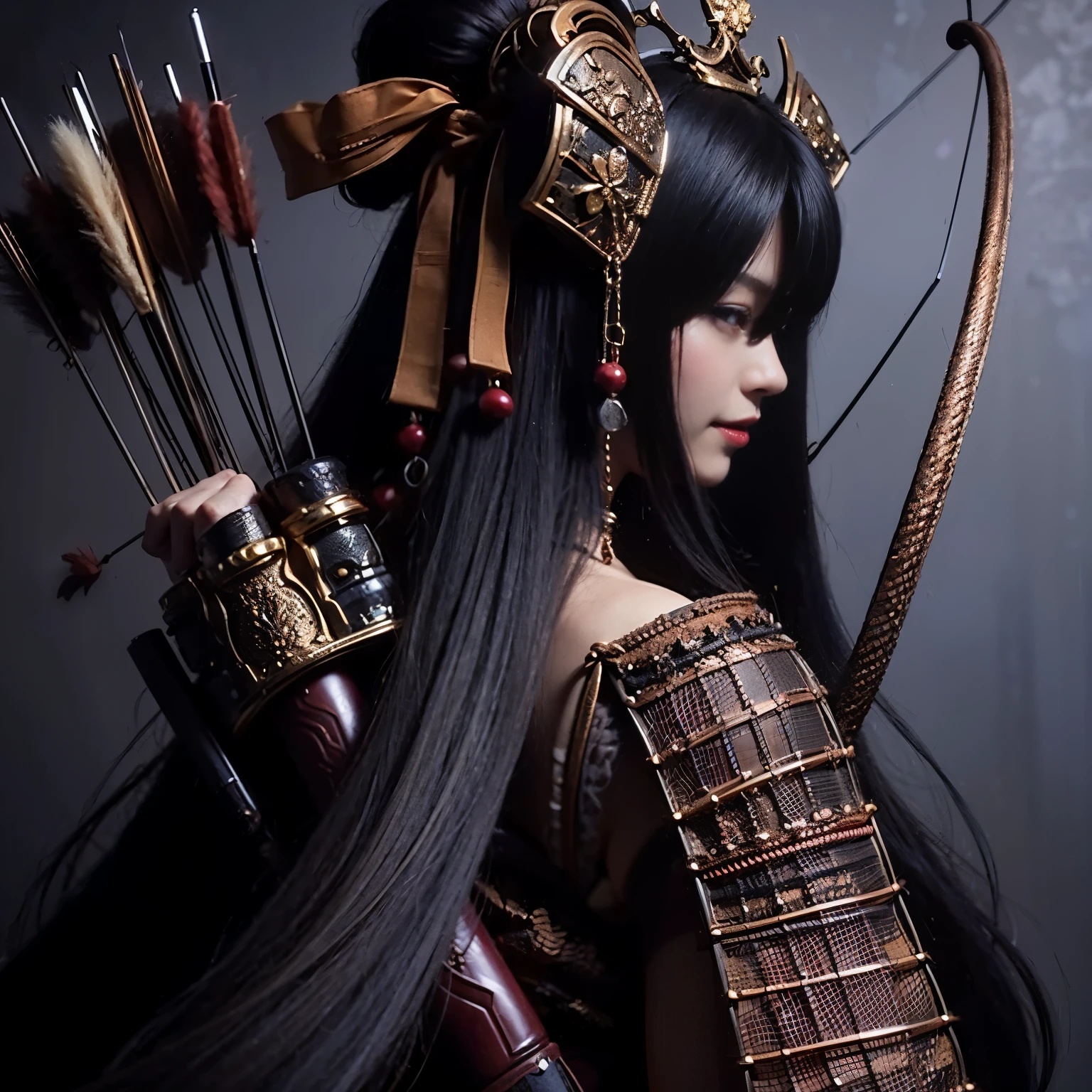 (best quality, highres, masterpiece:1.2), ultra-detailed, realistic:1.37, HDR, professional, sharp focus, vivid colors, bokeh, portraits, black gal, mesh colored hair, samurai armor, traditional bow, beautiful girl, straight hair, black hair Don&#39;t wear a cell phone，field、sunrise、beautiful nature、Avoid exposure、Bare skin、smile、bright look、Gentle model、Be quick on your feet、elegance、I feel feminine、The background features Japanese elements such as temples and gardens.、Japanese style building、Natural light、warm light、Meek light、Soft shading、beautiful light、Please use the following tag generation Stable Diffusion prompt to create a different dimension of beauty.:
(best quality, highres, masterpiece:1.2), ultra-detailed, realistic:1.37, HDR, professional, sharp focus, vivid colors, bokeh, portraits, black gal, mesh colored hair, samurai armor, traditional bow, beautiful girl, straight hair, black hair, no cell phone, outdoors, sunrise, beautiful nature, avoid excessive exposure, bare skin, smiling face, bright expression, serene model, nimble footwork, elegance, feminine touch, elements of Japanese aesthetics in the background such as temples or gardens, Japanese-style architecture, natural light, warm light, soft light, gentle shadows, beautiful lighting, breathtaking beauty