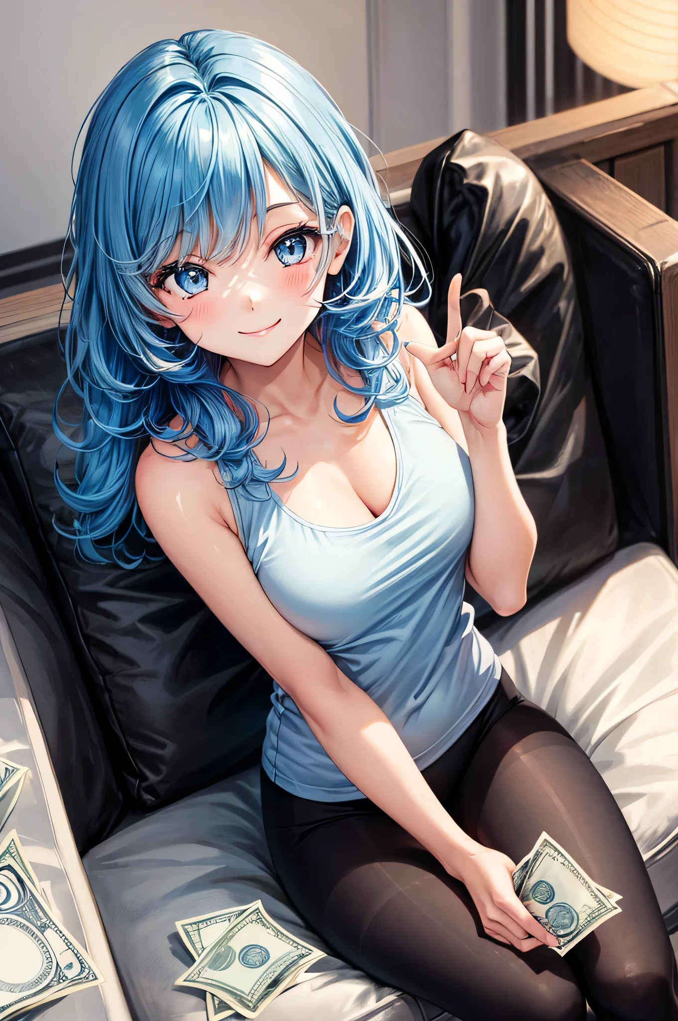 1 girl, bluenette hair, light blue hair, next door girl, sitting on couch, leggings, tank top, pantyhose, big sweet eyes, correct-fingers,light-smile,holding-money,correct-money-shape-size