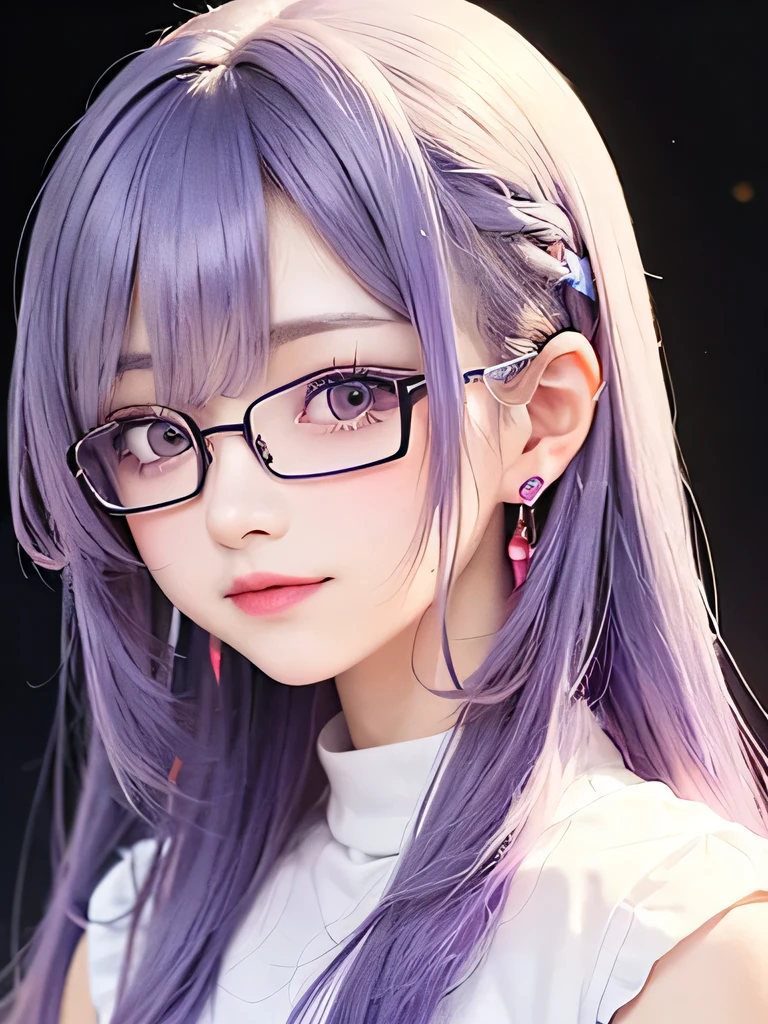small face、 (alone:1.5,)Super detailed,bright colors, very beautiful detailed anime face and eyes, look straight, shiny_skin,girl, (((rainbow colored hair, colorful hair, Half blue、Half purple hair: 1.2))), 、shiny hair, delicate beautiful face, blush、Glasses、(turquoise eyes), , Valletta, earrings,、flower garden、sunset、(((Translucent shirt)))、(twin tails)、(smile、happy face、face dyed red)、cheerful pose、dynamic、Upper body