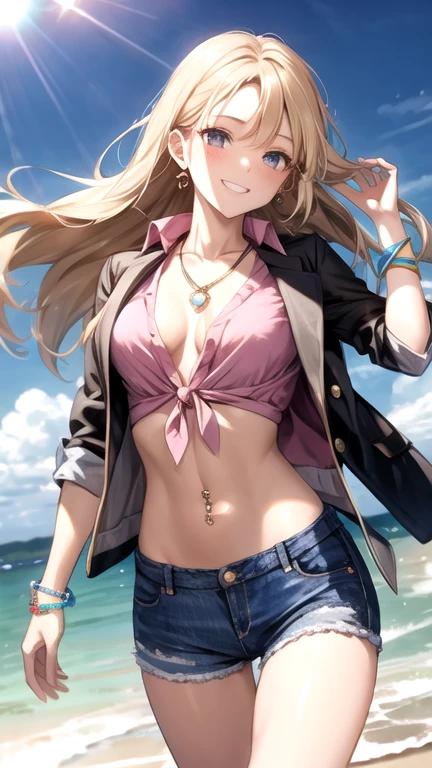 Vision flow of a beautiful woman walking along the seashore, The sun is shining on her pink shirt and faded, tattered blue denim hotpants., Red car passing in the background, And a world of sparkling light. Navel exposed look、Keyhole Tops、Tie up your shirt、Disheveled long hair blowing in the wind、navel piercing、bracelet、Drinking iced coffee through a straw、brown skin、blonde、A bright smile、