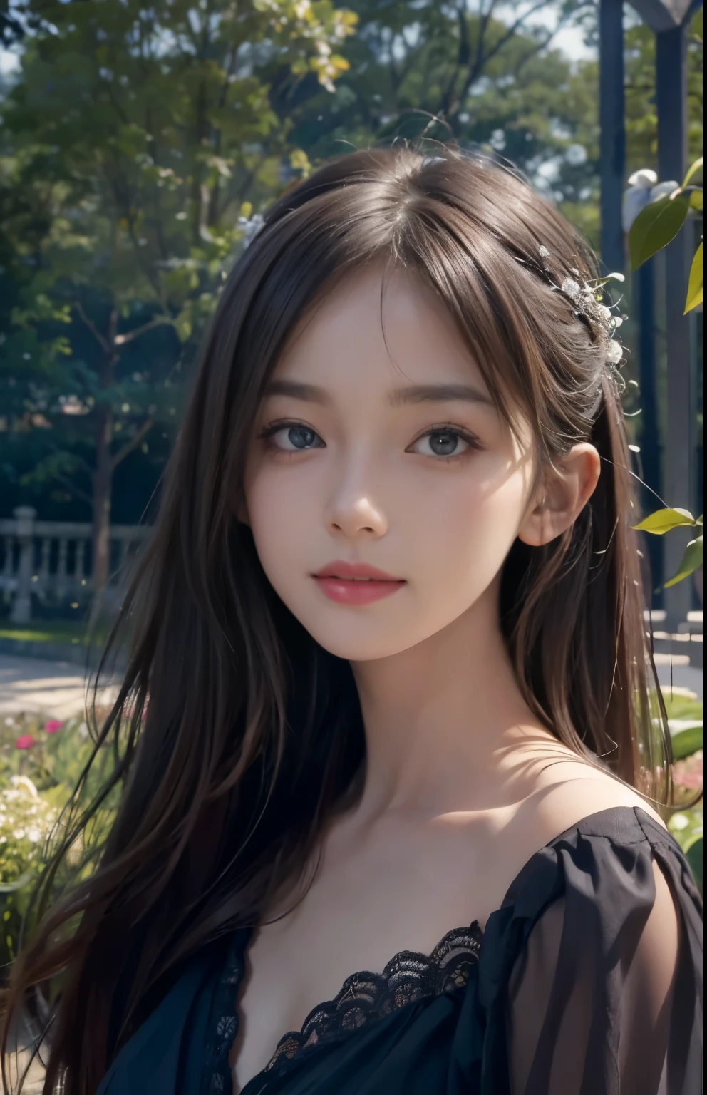 (ultra realistic) , (illustration), (increase resolution), (8K), (extremely detailed), (best illustration), (beautiful detailed eyes), (best quality), (ultra-detailed), (masterpiece),  (wallpaper), (detailed face), solo,1 girl, looking at viewers,  delicate details,  in the dark, deep shadow, low key, pureerosfaceace_v1, happy smile, dark summer dress, full body, garden