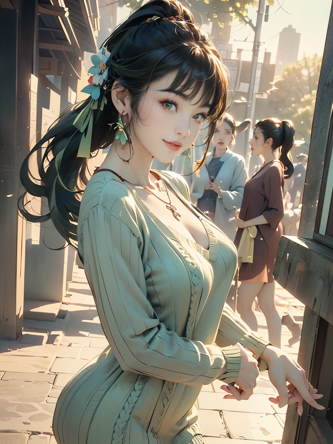 ((((highest quality))))、(((Ultra-precision CG16K wallpaper)))、(((masterpiece)))、(((Super detailed)))、(((super extreme details)))、((１people&#39;s women:1.6))、mature woman、24 year old woman、(((clarity、detailed face:1.6)))、((Japanese face))、((very beautiful face))、((Mai Shiraishi:1.6))、((straight long ponytail hair、blunt bangs:1.5))、(shiny brown hair)、((Big eyes with double eyelids))、beautiful delicate eyes、brown eyes、raised eyebrows、high nose、small nostrils、small mouth、seductive lips、beautiful breasts、((C cup size breasts))、cleavage、plump body、(Chubby body type)、perfect proportions、perfect anatomy、perfect composition、beautiful detailed shading、beautiful natural lighting、beautiful detail glow、Depth of the bounds written、(((High chroma)))、(((real:1.9)))、((vivid:1.5))、((edge:1.6))、((beautiful skin))、((skin texture))、((realな皮膚感))、(((cowboy shot:1.6)))、((Front view、Low - Angle:1.8))、((shy smile:1.5))、(Eyes looking at me:1.5)、Bright daylight、Natural light、(((Outdoor park square:1.5)))、(Walking pose:1.6)、(((Light green V-neck ribbed knit mini dress:1.6)))、((earrings、wearing necklace:1.3))、