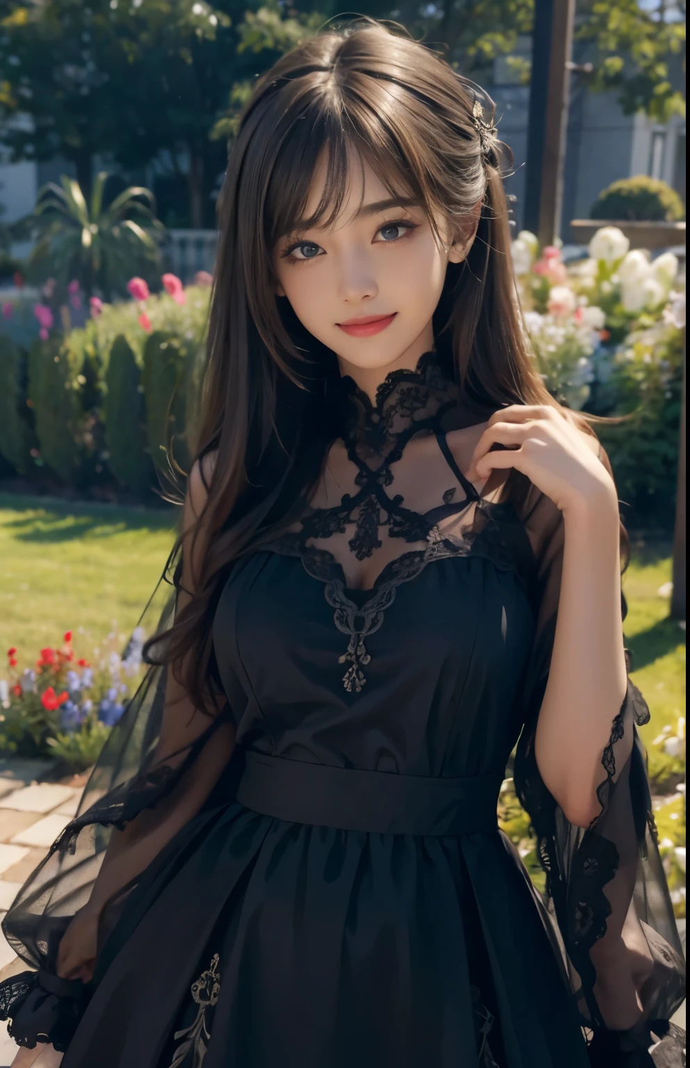 (ultra realistic) , (illustration), (increase resolution), (8K), (extremely detailed), (best illustration), (beautiful detailed eyes), (best quality), (ultra-detailed), (masterpiece), (wallpaper), (detailed face), solo,1 girl, looking at viewers, delicate details, in the dark, deep shadow, low key, pureerosfaceace_v1, happy smile, dark summer dress, full body, garden