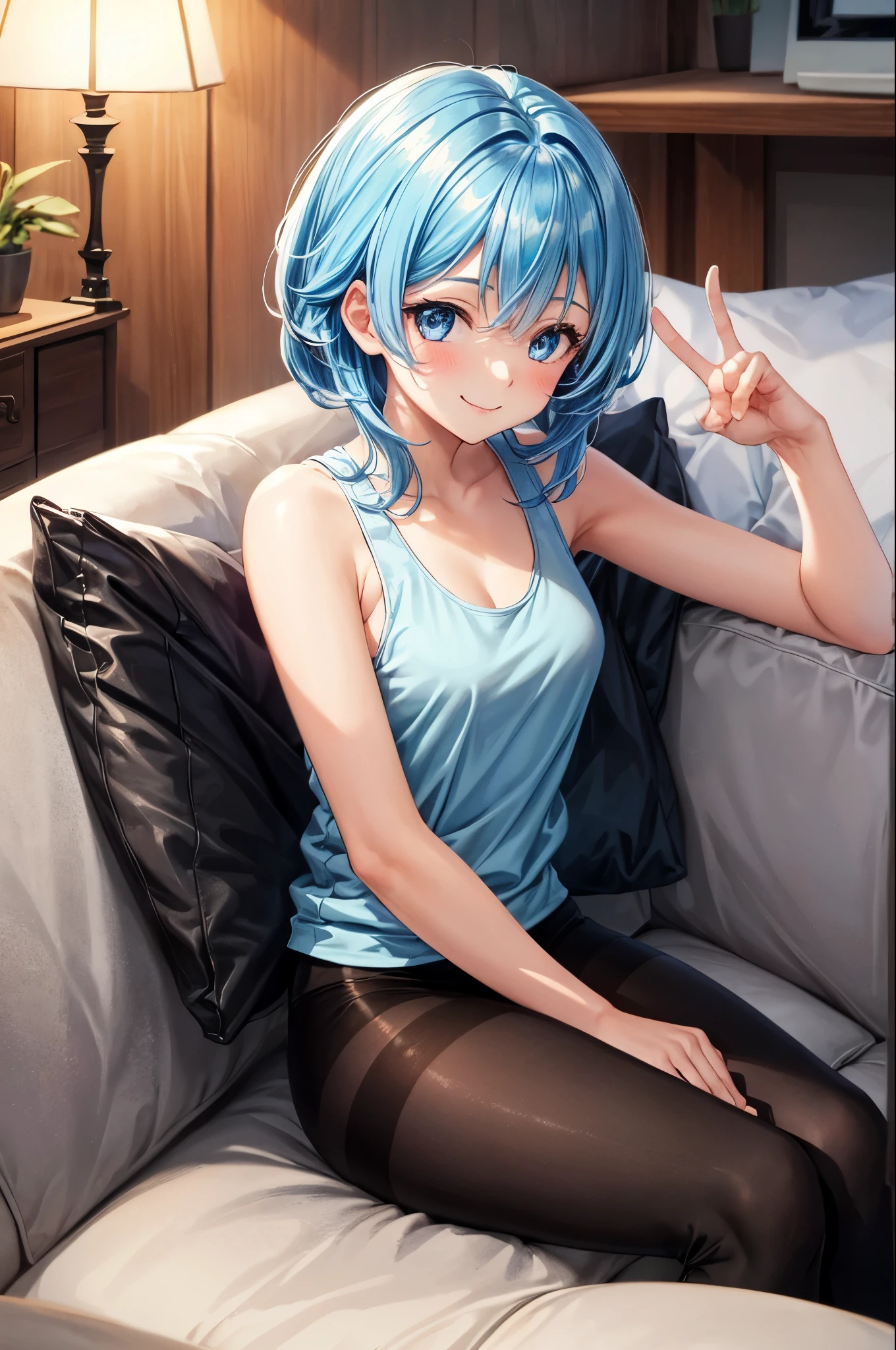 (masterpiece, best quality:1.5), (ultra detailed, high resolution, 8k, beautiful detailed, UHD, best anatomy), pale blue hair, very flat breasts, 1 girl like a man, Sports Bra, Culottes, barefoot, bed room, night