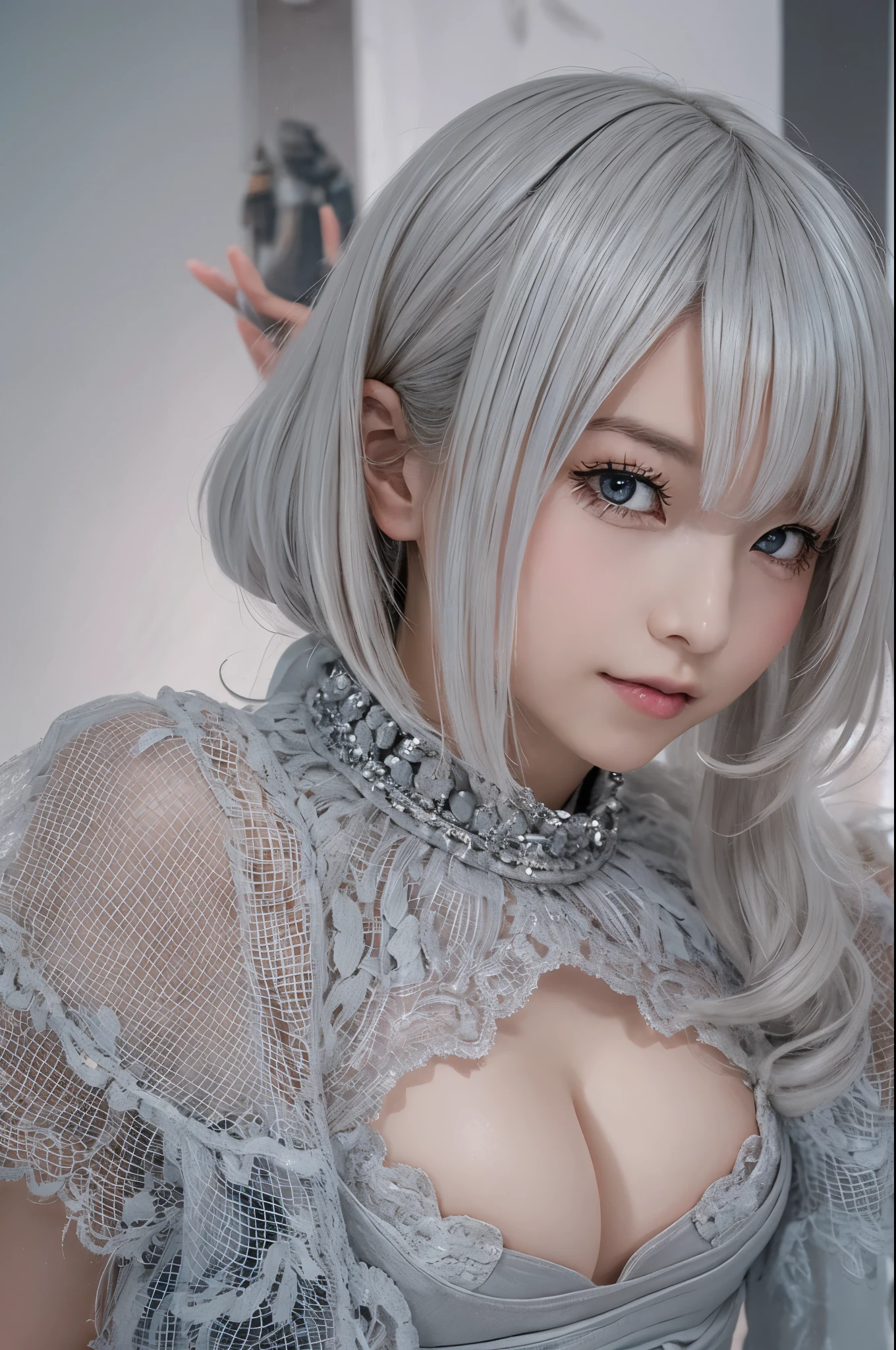 ((high quality)),table top,(Detailed depiction of local details:1.2),1 Japanese girl,(plump breasts:1.3),Enchanted Valley,closed mouth,eyelash,looking at the viewer,portrait,alone,Upper body,gray hair,white theme,short hair,silver hair,Yoruhano. 2 Type B,