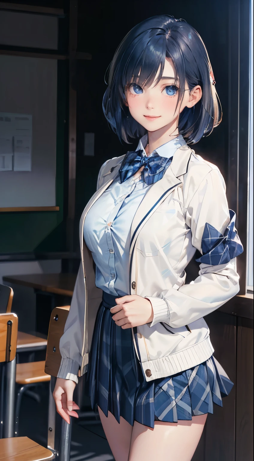 (masterpiece:1.2, top-quality), (realistic, photorealistic:1.4), beautiful illustration, 
looking at viewer, cowboy shot, front view:0.8, 
1 girl, japanese, high school girl, blue hair, (short hair:1.4), bob cut, bangs, hair between eye, blue eyes, large breasts:1.0, 
beautiful hair, beautiful face, beautiful detailed eyes, beautiful clavicle, beautiful body, beautiful chest, beautiful thigh, beautiful legs, beautiful fingers, 
(beautiful scenery), dawn, classroom, desks, chairs, curtains, 
((collared shirt, white shirt, , (navy long sleeves jacket), blue plaid pleated skirt, blue plaid bow tie)), white panties, 

standing, walking, holding satchel, 
smile, ,