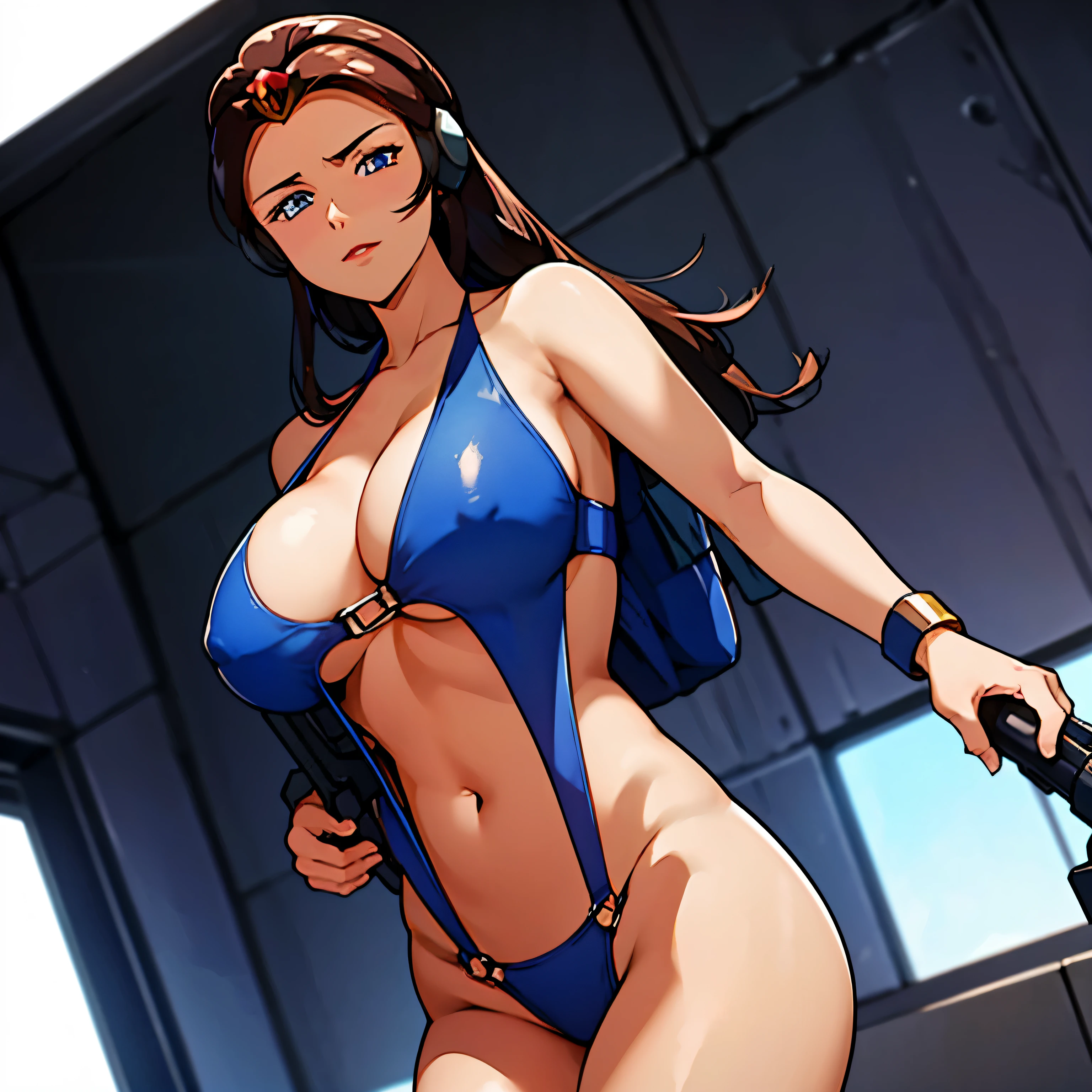 Imperial Guard Combat Uniform Swimsuit, o-ring bikini, v gundam, swimsuit, absurdres, highres, solo, cowboy shot, 1girl, neneka nibrou \(cosplay\), wristband, headphone, holster, backpack, holding gun, aiming, perfect hands, wind, hair ornament, large breast, huge breast, brown hair, blue eyes, long hair, jewelry, gem, bracelet, crown, lipstick, (((upside down)))