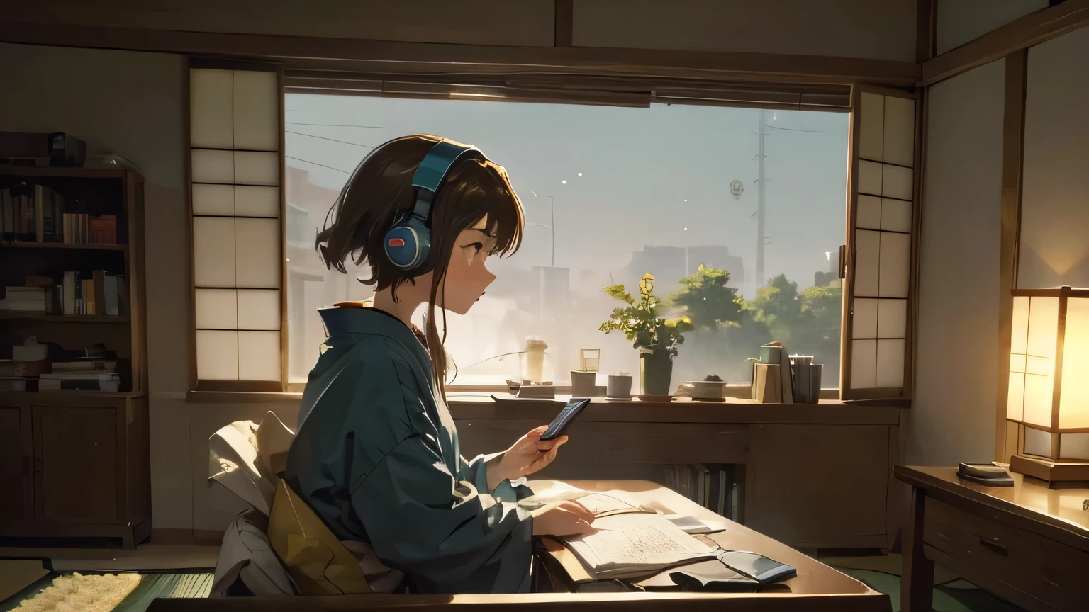 calm room。warm lighting。A girl studying while listening to music through headphones。Japanese anime-style illustrations