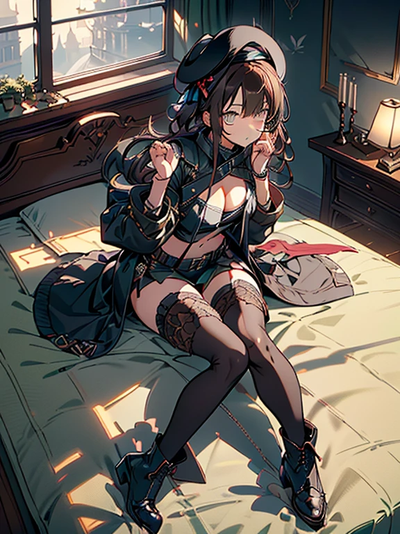 ubel,dark green hair,long hair,side ponytail,hair between eyes,bangs, (beret, black jacket, open clothes, cleavage, midriff, (Make the subject look three-dimensional with the contrast of light and shadow),Cute and beautiful 22yo girl,(masterpiece:1.2), best quality, high resolution, unity 8k wallpaper, (illustration:0.8), (beautiful detailed eyes:1.6), extremely detailed face, perfect lighting, extremely detailed CG, (perfect hands, perfect anatomy),(brown eyes: 1.1),Brown hair,watching at viewers,black suspenders,(Bulging ,big breasts:1.1),tacticul jacet,Black miniskirt,garters,Gaze,Small face,bangss,holster,Belt Armament,Beautuful Women srestrained,hands up,sitting Lying in bed,Leg holster ,Gaze,black boots,panty shot, extremely detailed face, perfect lighting, extremely detailed CG,