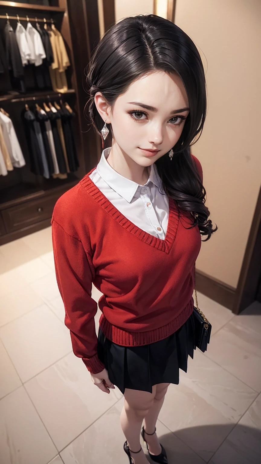 最high quality, 8K, masterpiece: 1.3, Ultra HD, high quality, 最high quality, High resolution, realism)) 、slender、slenderだがアスリートのような細マッチョ、I don't want my head to disappear from the screen.、Wear accessories on your wrist、Wearing red nail polish、I have a peticure、aerial perspective((atmospheric perspective))、smile((smiley))、background blur((depth of field)、jumper skirt((jumper skirt))wear、Wear stiletto heels、have a clutch bag、crystal earrings((crystal earrings))、Hair behind ears((hair behind ear))、chest pocket、In a high-end brand store、Undercut Hair((undercut))