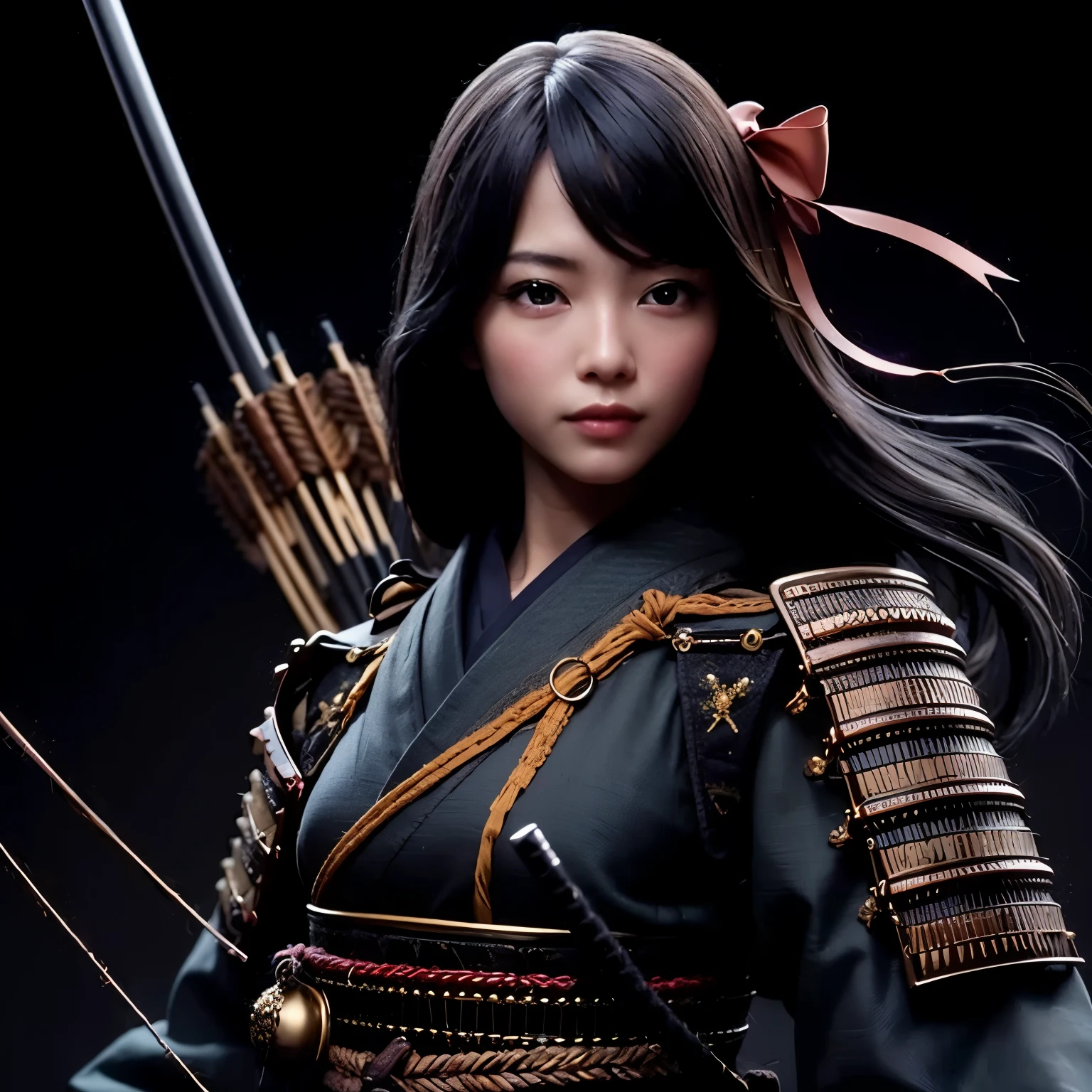(best quality, highres, masterpiece:1.2), ultra-detailed, realistic:1.37, HDR, professional, sharp focus, vivid colors, bokeh, portraits, black gal, mesh colored hair, samurai armor, traditional bow, beautiful girl, straight hair, black hair Don't wear a cell phone,field、sunrise、beautiful nature、Avoid exposure、Bare skin、smile、bright look、Gentle model、Be quick on your feet、elegance、I feel feminine、The background features Japanese elements such as temples and gardens.、Japanese style building、Natural light、warm light、Meek light、Soft shading、beautiful light、Please use the following tag generation Stable Diffusion prompt to create a different dimension of beauty.:
(best quality, highres, masterpiece:1.2), ultra-detailed, realistic:1.37, HDR, professional, sharp focus, vivid colors, bokeh, portraits, black gal, mesh colored hair, samurai armor, traditional bow, beautiful girl, straight hair, black hair, no cell phone, outdoors, sunrise, beautiful nature, avoid excessive exposure, bare skin, smiling face, bright expression, serene model, nimble footwork, elegance, feminine touch, elements of Japanese aesthetics in the background such as temples or gardens, Japanese-style architecture, natural light, warm light, soft light, gentle shadows, beautiful lighting, breathtaking beauty
