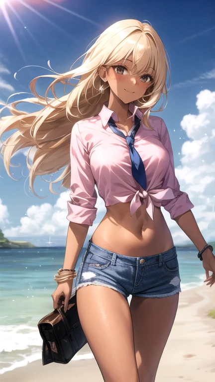 Vision flow of a beautiful woman walking along the seashore, The sun is shining on her pink shirt and faded, tattered blue denim hotpants., Red car passing in the background, And a world of sparkling light. Navel exposed look、Keyhole Tops、Tie up your shirt、Disheveled long hair blowing in the wind、bracelet、Drinking iced coffee through a straw、brown skin、blonde、A bright smile、West Chain、