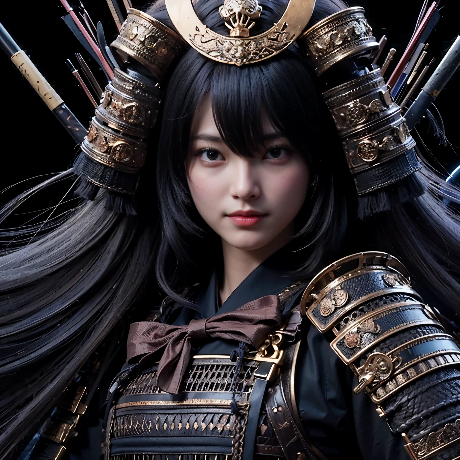 (best quality, highres, masterpiece:1.2), ultra-detailed, realistic:1.37, HDR, professional, sharp focus, vivid colors, bokeh, portraits, black gal, mesh colored hair, samurai armor, traditional bow, beautiful girl, straight hair, black hair Don't wear a cell phone,field、sunrise、beautiful nature、Avoid exposure、Bare skin、smile、bright look、Gentle model、Be quick on your feet、elegance、I feel feminine、The background features Japanese elements such as temples and gardens.、Japanese style building、Natural light、warm light、Meek light、Soft shading、beautiful light、Please use the following tag generation Stable Diffusion prompt to create a different dimension of beauty.:
(best quality, highres, masterpiece:1.2), ultra-detailed, realistic:1.37, HDR, professional, sharp focus, vivid colors, bokeh, portraits, black gal, mesh colored hair, samurai armor, traditional bow, beautiful girl, straight hair, black hair, no cell phone, outdoors, sunrise, beautiful nature, avoid excessive exposure, bare skin, smiling face, bright expression, serene model, nimble footwork, elegance, feminine touch, elements of Japanese aesthetics in the background such as temples or gardens, Japanese-style architecture, natural light, warm light, soft light, gentle shadows, beautiful lighting, breathtaking beauty