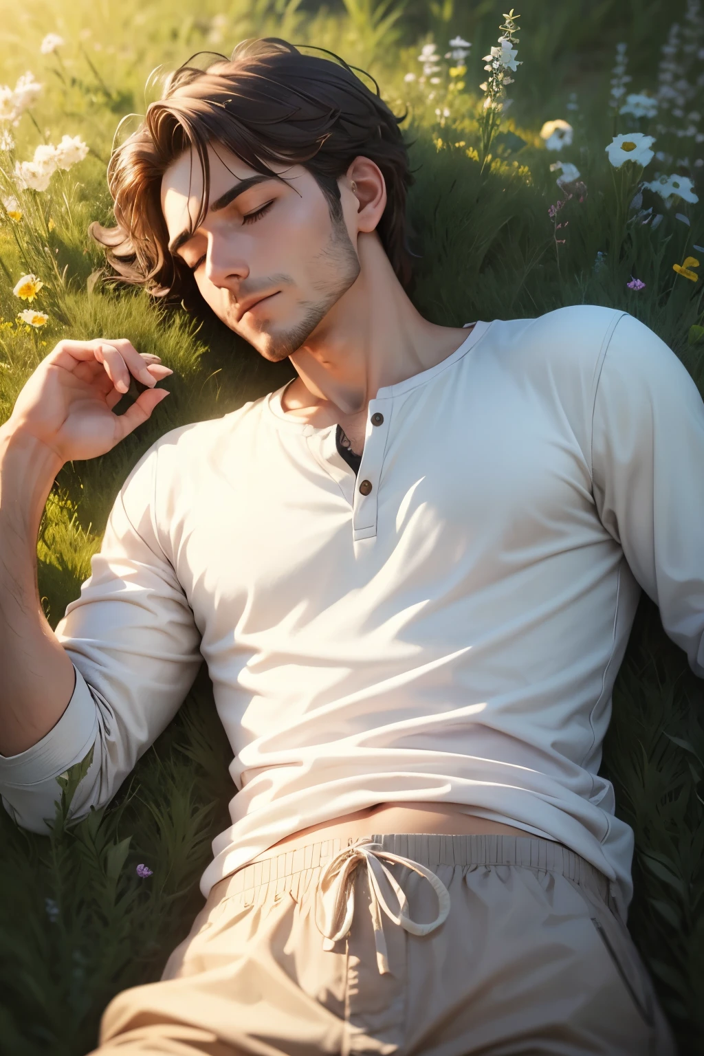 A man sleeps in the warm spring light on a refreshing meadow　casual clothes