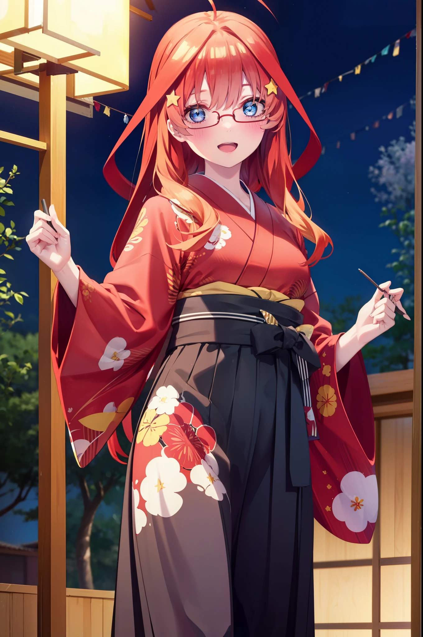 itsukinakano, itsuki nakano, bangs, blue eyes, hair between eyes, Ahoge, redhead, star \(symbol\), hair ornaments, star hair ornaments,Akagi glasses,smile,blush,happy atmosphere,open your mouth,long hair,tie your hair back,Red gorgeous kimono,night空のfirework,firework,Zori sandals,japanese festival,summer festival stalls,red lantern,night,イラストにwhole bodyが入るように, night
break outdoors, shrine, break looking at viewer,whole body,(cowboy shot:1.5),
break (masterpiece:1.2), highest quality, High resolution, unity 8k wallpaper, (shape:0.8), (fine and beautiful eyes:1.6), highly detailed face, perfect lighting, Very detailed CG, (perfect hands, perfect anatomy),