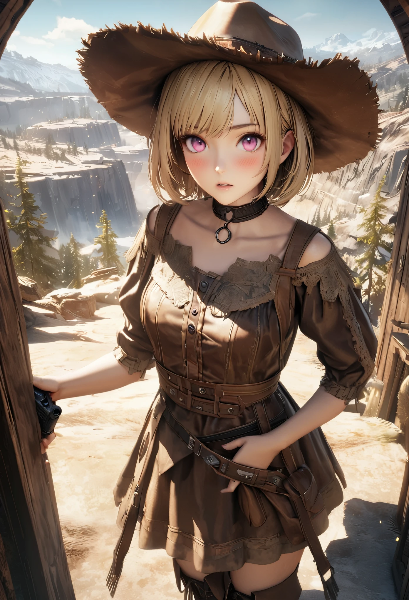 masterpiece,highest quality, Super detailed, High resolution, expensive resolution, HDR, 4k, 8K, unity 8k wallpaper, Super detailed CG, masterpiece, realistic, 2D, 3D, beautiful details, depth, fine texture , super fine: 1.3, Fully focused, Crispy.skin, .he,
Very cute anime girl 、Desolate wilderness、cowboy style costume、cowboy hat、cowboy boots、hand gun、mexican wilderness、duel、Standing with a hand gun、blonde short hair wearing expensive , one girl、alone, blonde short hair, cowboy style、cowboy hat、hand gun、duel、cowboy bootole under the eye, looking at the viewer , expensive , blush, mole, parted lips, hair ornaments, heart, pink eyes, choker