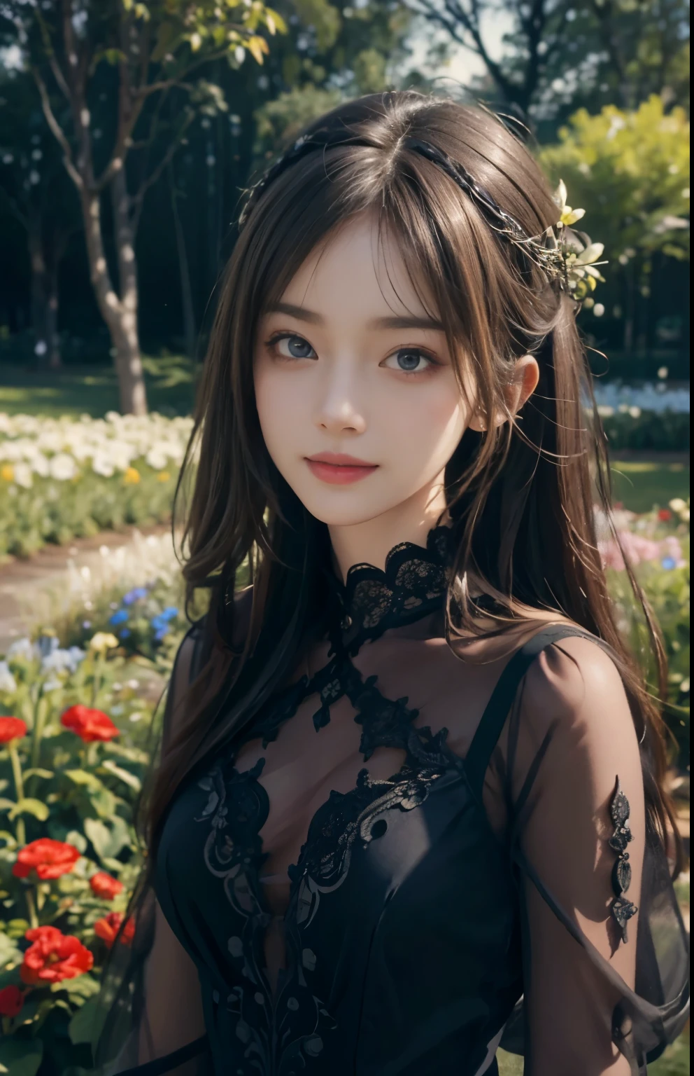 (ultra realistic) , (illustration), (increase resolution), (8K), (extremely detailed), (best illustration), (beautiful detailed eyes), (best quality), (ultra-detailed), (masterpiece),  (wallpaper), (detailed face), solo,1 girl, looking at viewers,  delicate details,  in the dark, deep shadow, low key, pureerosfaceace_v1, happy smile, dark summer dress, full body, garden