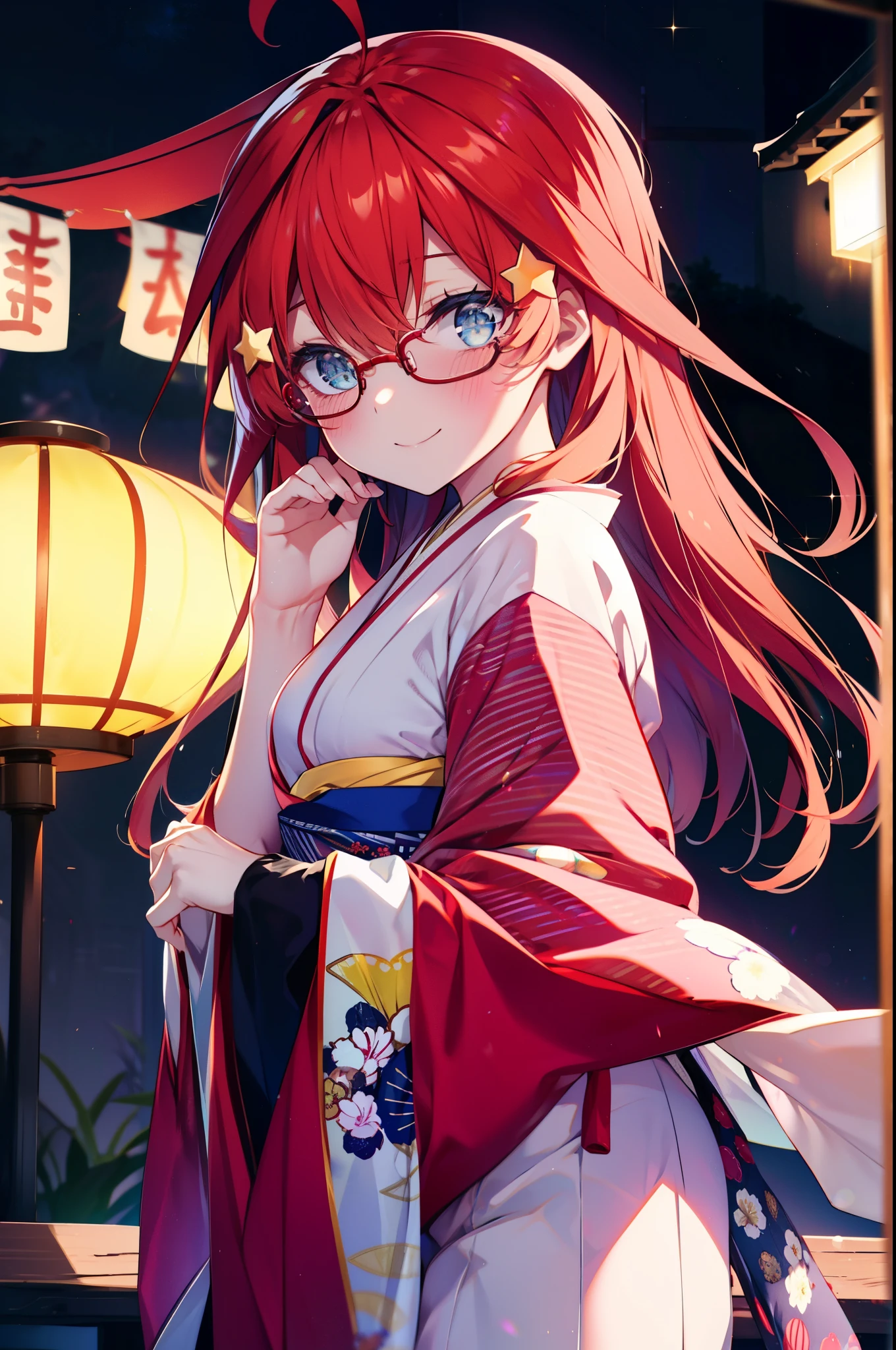 itsukinakano, itsuki nakano, bangs, blue eyes, hair between eyes, Ahoge, redhead, star \(symbol\), hair ornaments, star hair ornaments,Akagi glasses,smile,blush,happy atmosphere,open your mouth,long hair,tie your hair back,Red gorgeous kimono,night空のfirework,firework,Zori sandals,japanese festival,summer festival stalls,red lantern,night,イラストにwhole bodyが入るように, night
break outdoors, shrine, break looking at viewer,whole body,(cowboy shot:1.5),
break (masterpiece:1.2), highest quality, High resolution, unity 8k wallpaper, (shape:0.8), (fine and beautiful eyes:1.6), highly detailed face, perfect lighting, Very detailed CG, (perfect hands, perfect anatomy),