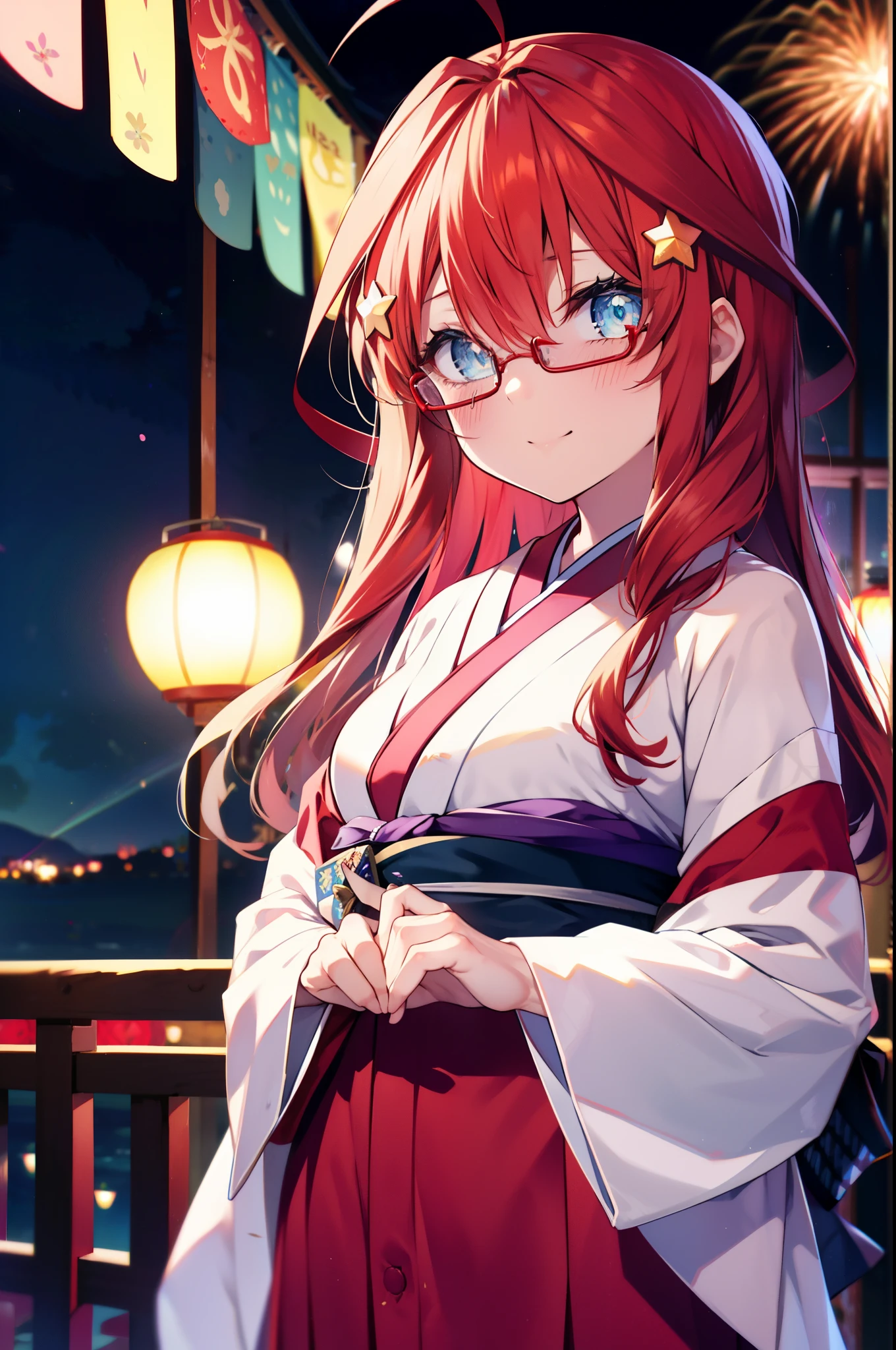 itsukinakano, itsuki nakano, bangs, blue eyes, hair between eyes, Ahoge, redhead, star \(symbol\), hair ornaments, star hair ornaments,Akagi glasses,smile,blush,happy atmosphere,open your mouth,long hair,tie your hair back,Red gorgeous kimono,night空のfirework,firework,Zori sandals,japanese festival,summer festival stalls,red lantern,night,イラストにwhole bodyが入るように, night
break outdoors, shrine,                                              break looking at viewer,whole body,(cowboy shot:1.5),
break (masterpiece:1.2), highest quality, High resolution, unity 8k wallpaper, (shape:0.8), (fine and beautiful eyes:1.6), highly detailed face, perfect lighting, Very detailed CG, (perfect hands, perfect anatomy),