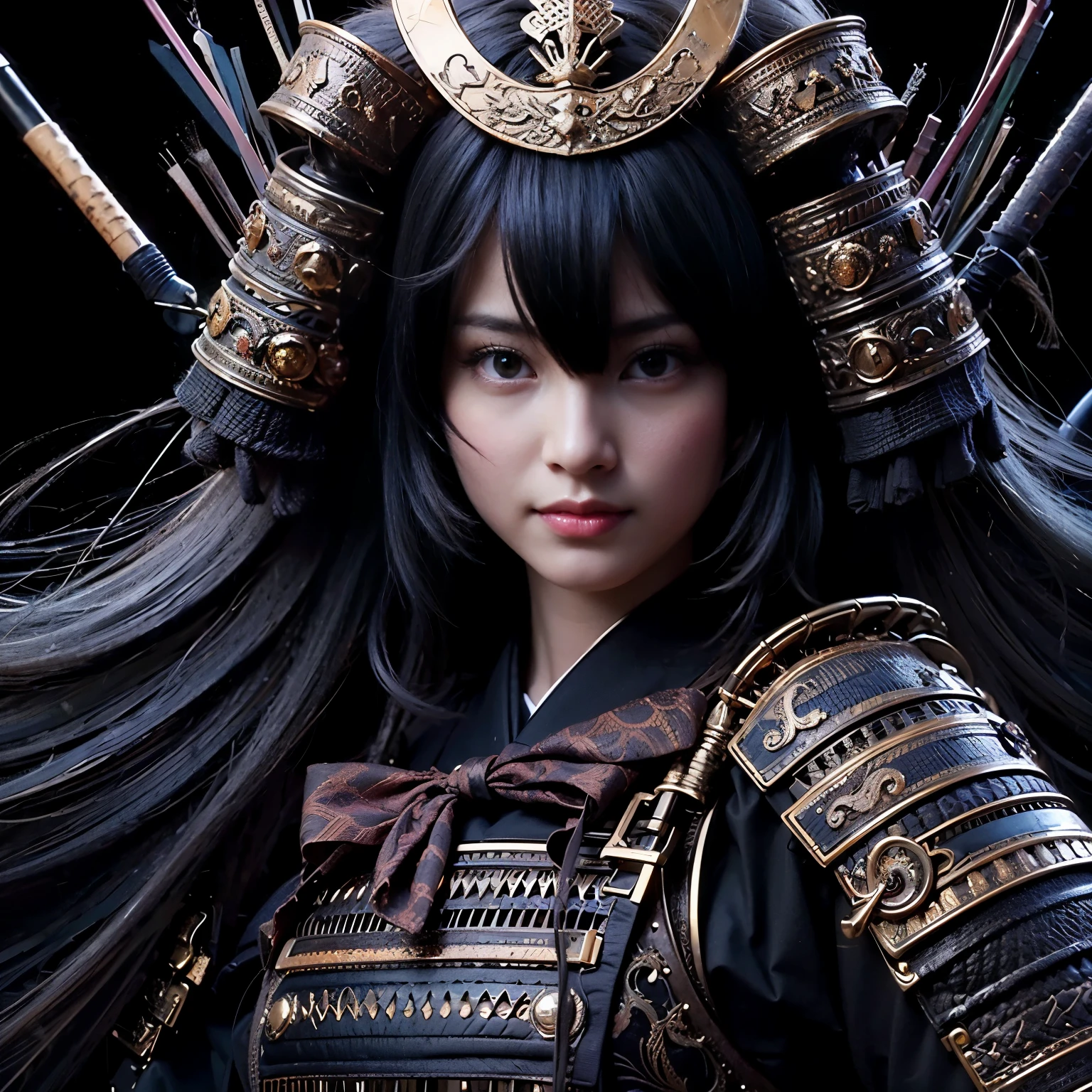 (best quality, highres, masterpiece:1.2), ultra-detailed, realistic:1.37, HDR, professional, sharp focus, vivid colors, bokeh, portraits, black gal, mesh colored hair, samurai armor, traditional bow, beautiful girl, straight hair, black hair Don't wear a cell phone,field、sunrise、beautiful nature、Avoid exposure、Bare skin、smile、bright look、Gentle model、Be quick on your feet、elegance、I feel feminine、The background features Japanese elements such as temples and gardens.、Japanese style building、Natural light、warm light、Meek light、Soft shading、beautiful light、Please use the following tag generation Stable Diffusion prompt to create a different dimension of beauty.:
(best quality, highres, masterpiece:1.2), ultra-detailed, realistic:1.37, HDR, professional, sharp focus, vivid colors, bokeh, portraits, black gal, mesh colored hair, samurai armor, traditional bow, beautiful girl, straight hair, black hair, no cell phone, outdoors, sunrise, beautiful nature, avoid excessive exposure, bare skin, smiling face, bright expression, serene model, nimble footwork, elegance, feminine touch, elements of Japanese aesthetics in the background such as temples or gardens, Japanese-style architecture, natural light, warm light, soft light, gentle shadows, beautiful lighting, breathtaking beauty