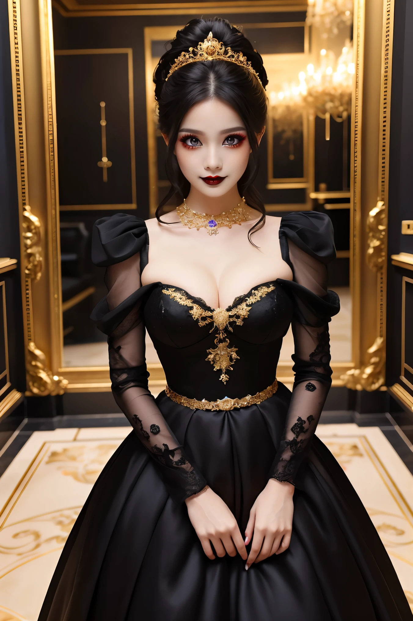 (highest quality、table top、8K、best image quality、hyper realism、Award-winning work)、(One Demon Princess:1.1)、(Creepy and evil devil makeup:1.1)、(Creepy Eyeshadow:1.1)、(black lips:1.2)、the most intricate and luxurious black dress、look at me and smile、Big breasts that are about to burst、perfect anatomy、The background is the most gorgeous princess room、The most luxurious and sparkling princess room、(世界で最も贅沢で上品なblack and gold royal VIP room:1.1)、(The most luxurious and elegant black and gold room:1.1)、(black and gold royal VIP room:1.1)、Complete interior of luxury royal bedroom、black dress decorated with jewels、black jewel dress、Luxury beyond imagination、Inside the Royal Palace、 a room decorated with many ornaments,、ornate decoration、the most luxurious decoration、Very complex and detailed background、perfect shiny decoration、marble