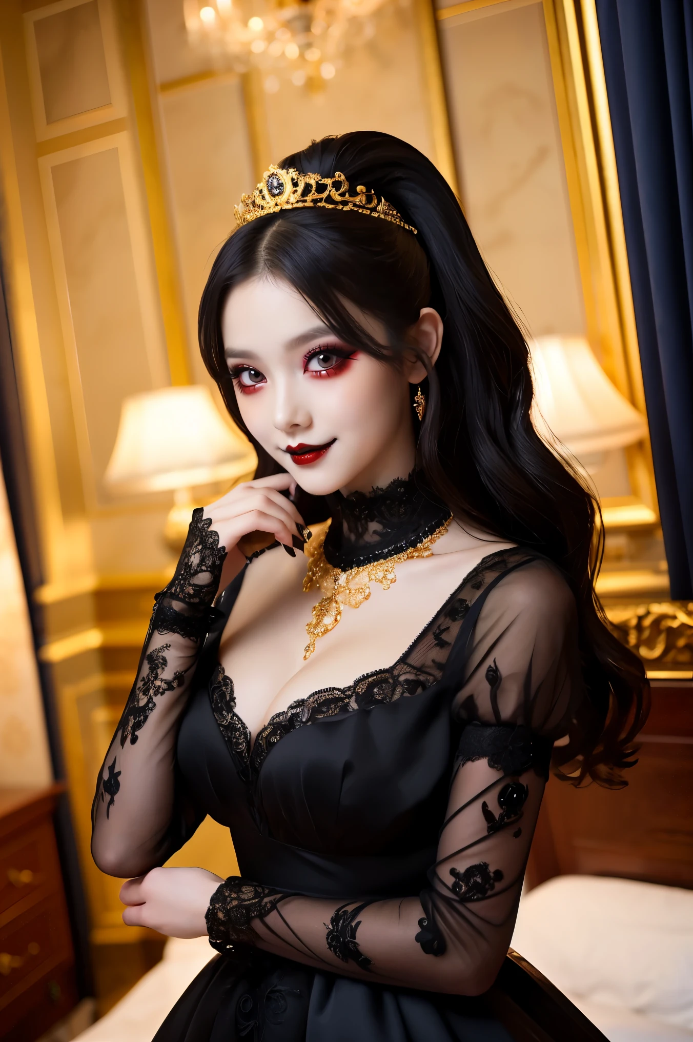 (highest quality、table top、8K、best image quality、hyper realism、Award-winning work)、(One Demon Princess:1.1)、(Creepy and evil devil makeup:1.1)、(Creepy Eyeshadow:1.1)、(black lips:1.2)、the most intricate and luxurious black dress、look at me and smile、Big breasts that are about to burst、perfect anatomy、The background is the most gorgeous princess room、The most luxurious and sparkling princess room、(世界で最も贅沢で上品なblack and gold royal VIP room:1.1)、(The most luxurious and elegant black and gold room:1.1)、(black and gold royal VIP room:1.1)、Complete interior of luxury royal bedroom、black dress decorated with jewels、black jewel dress、Luxury beyond imagination、Inside the Royal Palace、 a room decorated with many ornaments,、ornate decoration、the most luxurious decoration、Very complex and detailed background、perfect shiny decoration、marble