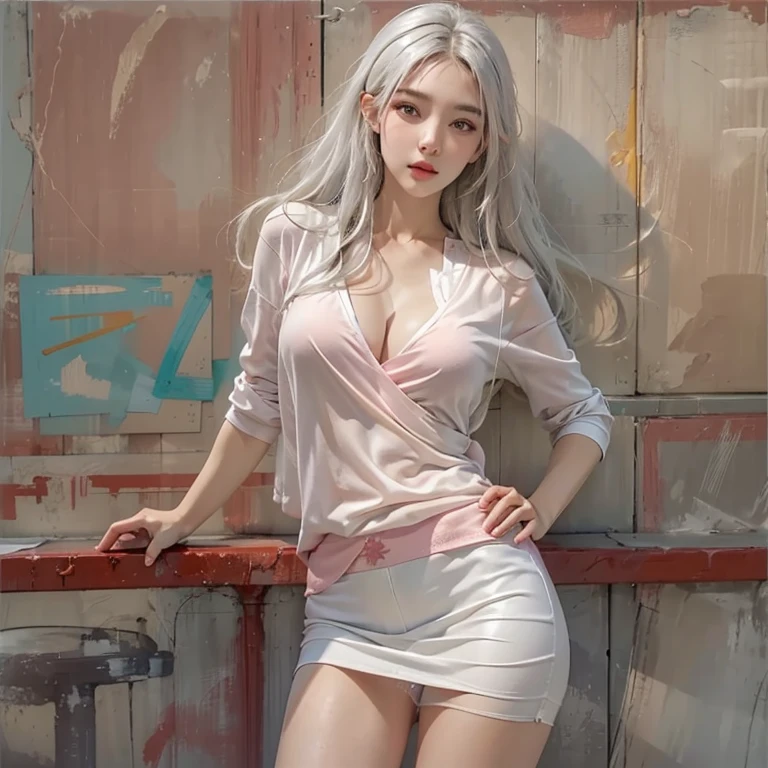 photorealistic, high resolution, 1women, solo, hips up, look at viewer, (detailed face), white hair, long hair, , skirt , glimse of pink panties