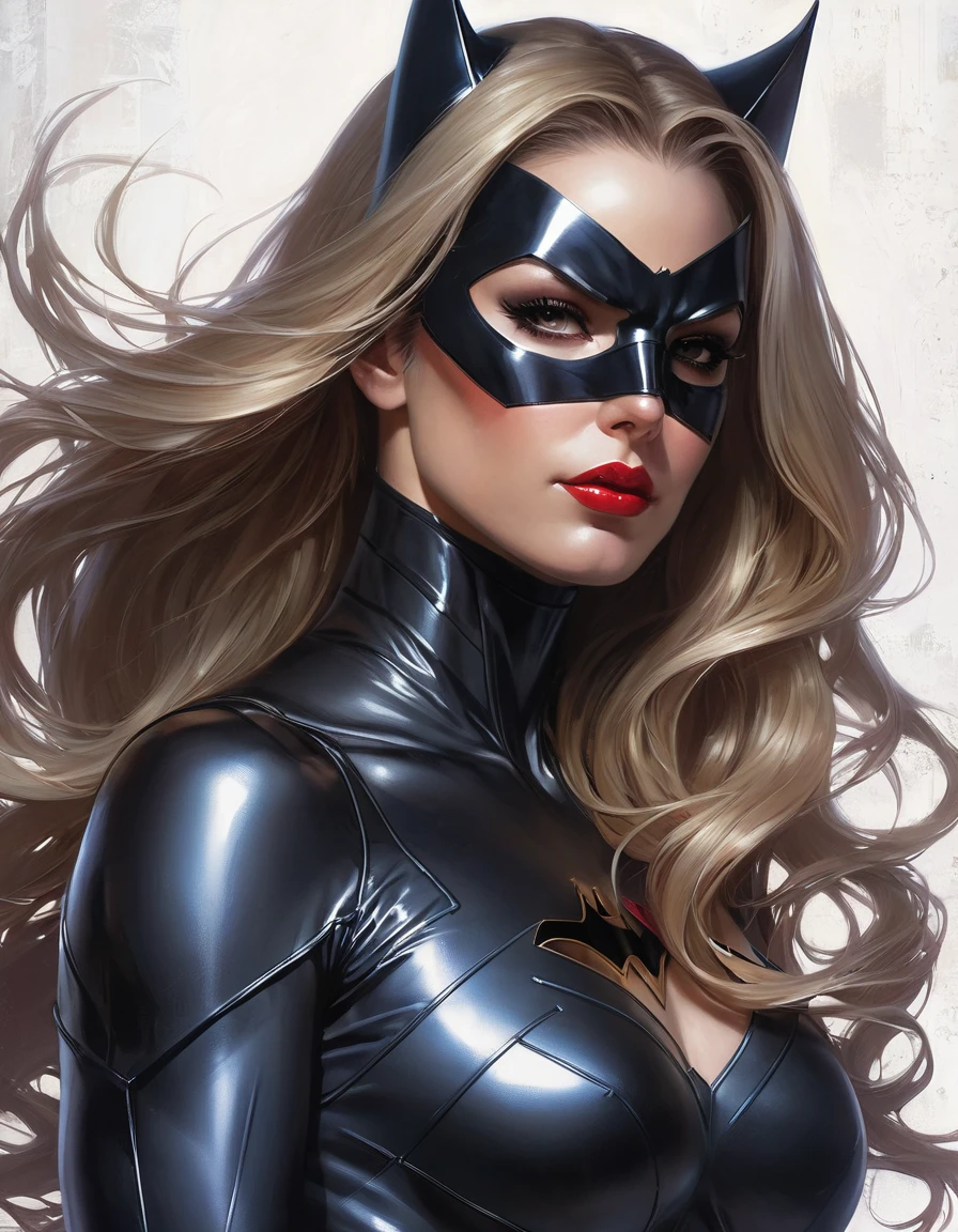 a woman with long hair wearing a Cat woman costume, sexy painting of Catwoman, hybrid of Catwoman, stephen lau and artgerm, as seen on artgerm, artgerm julie bell beeple, stanley artgerm lau, artgerm and ben lo, portrait of cat woman, artgerm on artstation pixiv