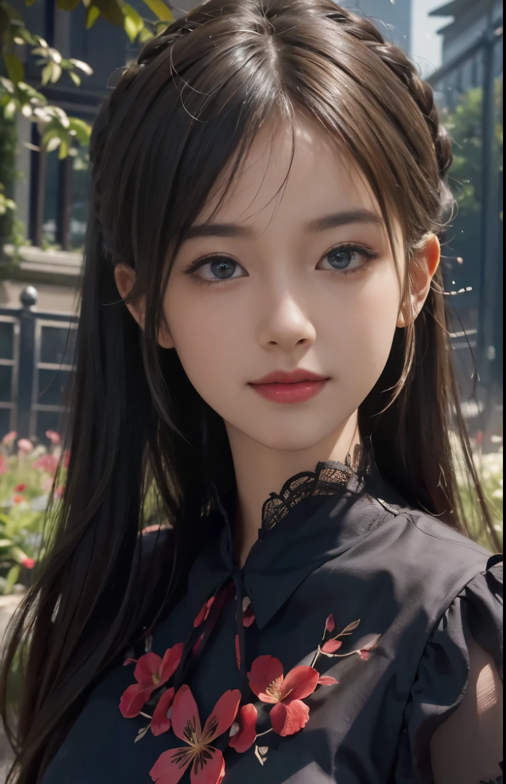 (ultra realistic) , (illustration), (increase resolution), (8K), (extremely detailed), (best illustration), (beautiful detailed eyes), (best quality), (ultra-detailed), (masterpiece),  (wallpaper), (detailed face), solo,1 girl, looking at viewers,  delicate details,  in the dark, deep shadow, low key, pureerosfaceace_v1, happy smile, dark summer dress, full body, garden