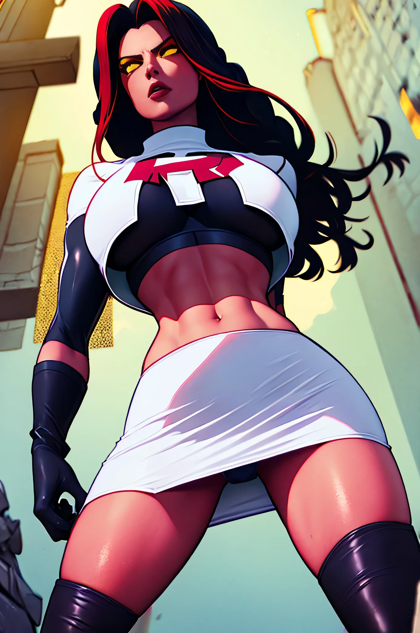 red she-hulk, Long hair, braid, black hair, (yellow eyes:1.3), thick hair, ,glossy lips, light makeup ,team rocket,team rocket uniform, red letter R, white skirt,white crop top,black thigh-high boots, black elbow gloves, sinister villianess look, looking down on viewer, pantie shot