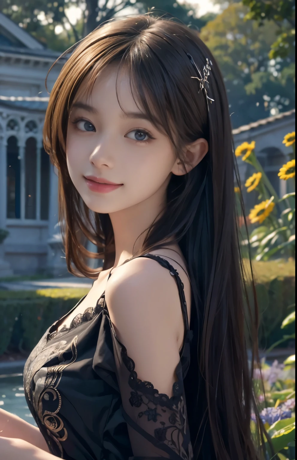 (ultra realistic) , (illustration), (increase resolution), (8K), (extremely detailed), (best illustration), (beautiful detailed eyes), (best quality), (ultra-detailed), (masterpiece), (wallpaper), (detailed face), solo,1 girl, looking at viewers, delicate details, in the dark, deep shadow, low key, pureerosfaceace_v1, happy smile, dark summer dress, full body, garden