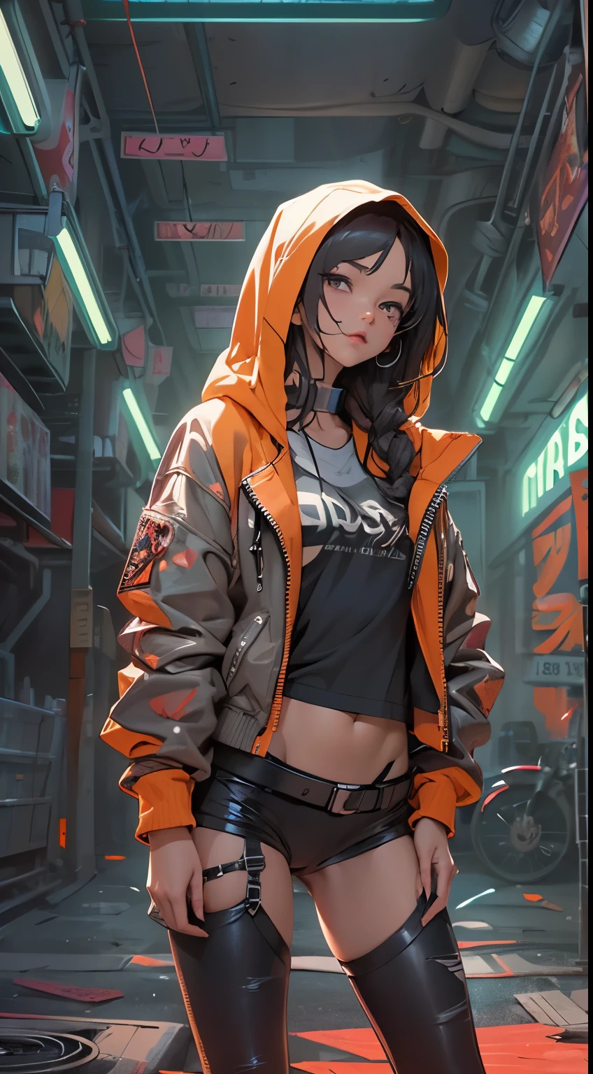 Anime girl wearing orange hoodie，Cyberpunk anime girl in hoodie,  Brunette girl wearing hoodie, Realistic anime art style, Robotic arm，metal belt，thong，bag，Anime style digital art, anime realism style