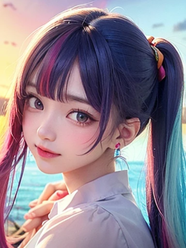 small face、 (alone:1.5,)Super detailed,bright colors, very beautiful detailed anime face and eyes, look straight,  shiny_skin,girl, (((rainbow colored hair, colorful hair, Half blue、half red hair: 1.2))), 、shiny hair, delicate beautiful face, blush、Glasses、(turquoise eyes), , Valletta, earrings,、flower garden、sunset、(（(Translucent shirt)))、（twin tails）、（smile、happy face、face dyed red）、cheerful pose、dynamic、Upper body