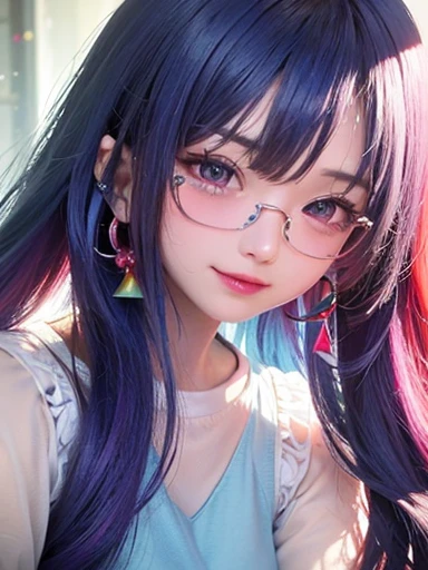 small face、 (alone:1.5,)Super detailed,bright colors, very beautiful detailed anime face and eyes, look straight, shiny_skin,girl, (((rainbow colored hair, colorful hair, Half blue、half red hair: 1.2))), 、shiny hair, delicate beautiful face, blush、Glasses、(turquoise eyes), , Valletta, earrings,、flower garden、sunset、(((Translucent shirt)))、(twin tails)、(smile、happy face、face dyed red)、cheerful pose、dynamic、Upper body