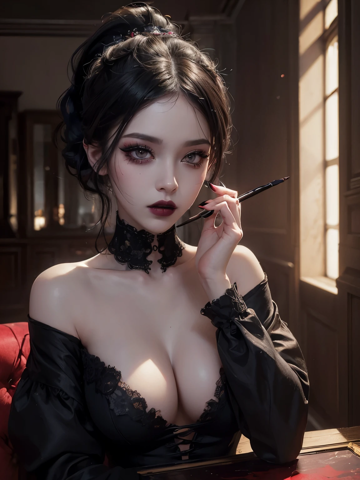 ((top quality, 8 thousand, masterpiece:1.3)) 1 woman, disorderly,receive the light,(black ponytail), dark eyeshadow, black lipstick, Gothic makeup, (makeup smudges: 1.3), beautiful and delicate hair,delicate red pupils, red light effect, (big bust: 1.3) , nude