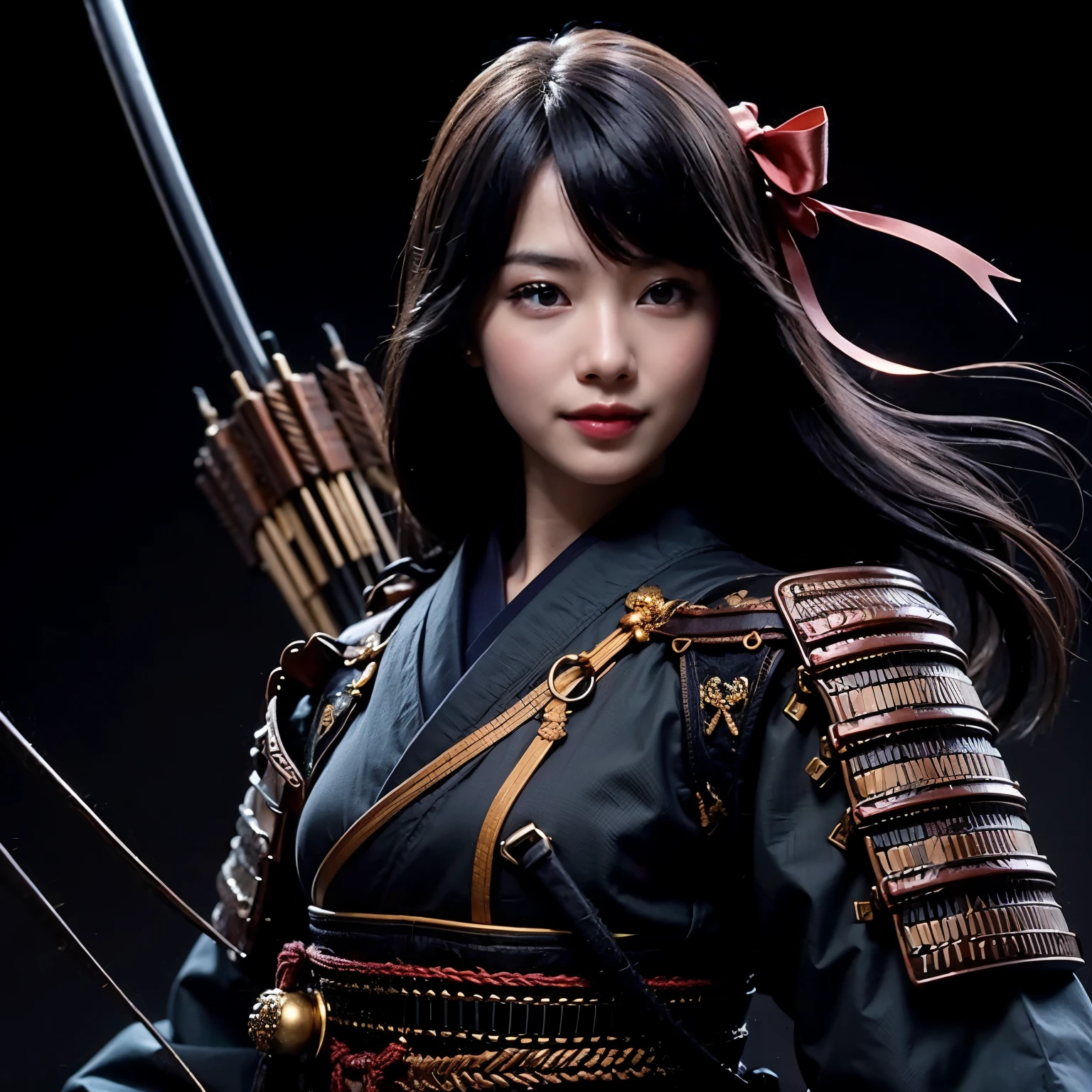 (best quality, highres, masterpiece:1.2), ultra-detailed, realistic:1.37, HDR, professional, sharp focus, vivid colors, bokeh, portraits, black gal, mesh colored hair, samurai armor, traditional bow, beautiful girl, straight hair, black hair Don't wear a cell phone,field、sunrise、beautiful nature、Avoid exposure、Bare skin、smile、bright look、Gentle model、Be quick on your feet、elegance、I feel feminine、The background features Japanese elements such as temples and gardens.、Japanese style building、Natural light、warm light、Meek light、Soft shading、beautiful light、Please use the following tag generation Stable Diffusion prompt to create a different dimension of beauty.:
(best quality, highres, masterpiece:1.2), ultra-detailed, realistic:1.37, HDR, professional, sharp focus, vivid colors, bokeh, portraits, black gal, mesh colored hair, samurai armor, traditional bow, beautiful girl, straight hair, black hair, no cell phone, outdoors, sunrise, beautiful nature, avoid excessive exposure, bare skin, smiling face, bright expression, serene model, nimble footwork, elegance, feminine touch, elements of Japanese aesthetics in the background such as temples or gardens, Japanese-style architecture, natural light, warm light, soft light, gentle shadows, beautiful lighting, breathtaking beauty