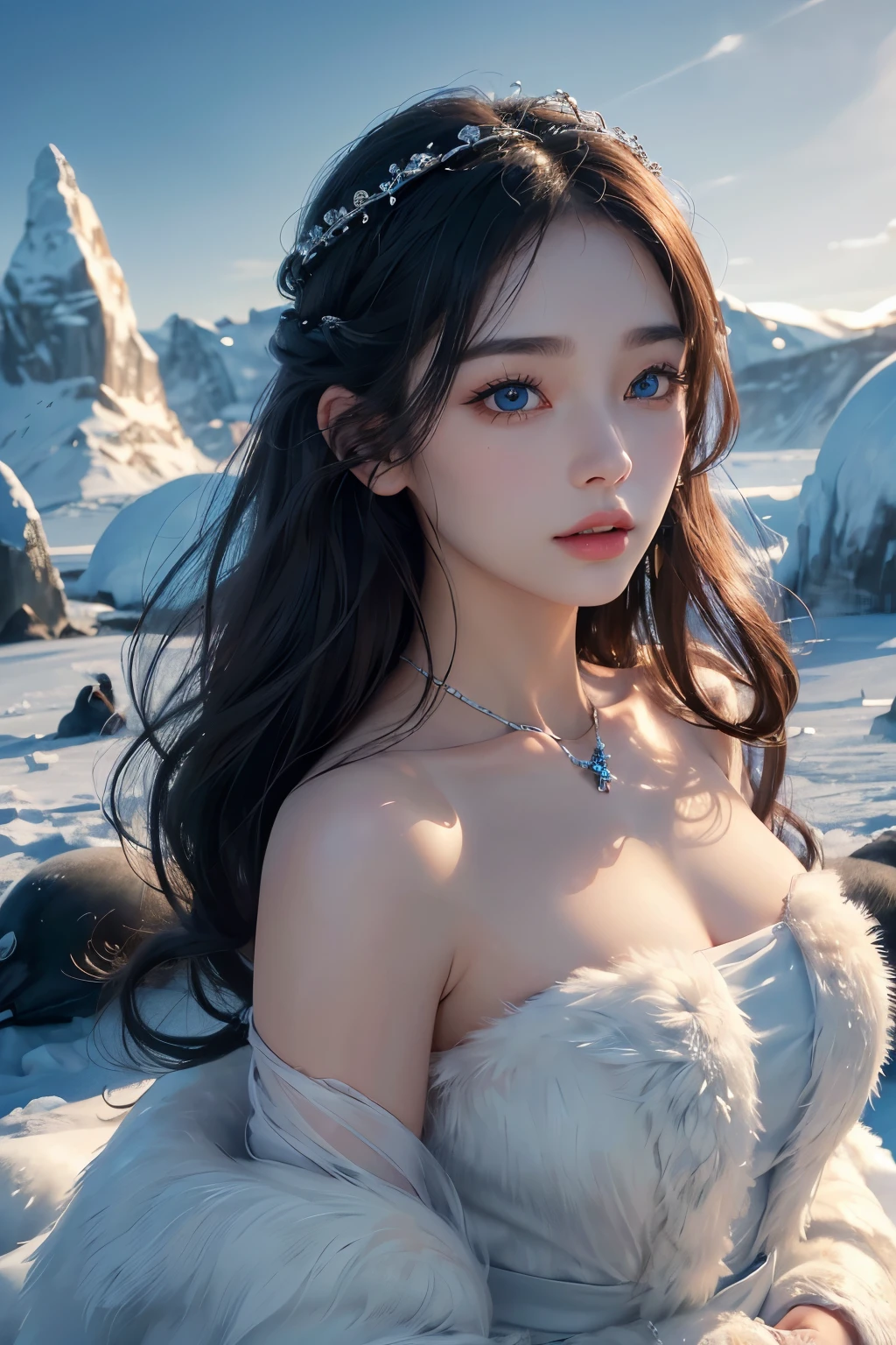 1 girl, beauty in the arctic, Exquisite eyes,beautiful and delicate lips,very detailed 눈과 얼굴,long eyelashes, with short permed hair, enchanted scenery,(best quality,4K,8 thousand,high resolution,masterpiece:1.2),very detailed,(realistic,realistic,realistic:1.37), dynamic pose, flock of penguins, fur-clad,