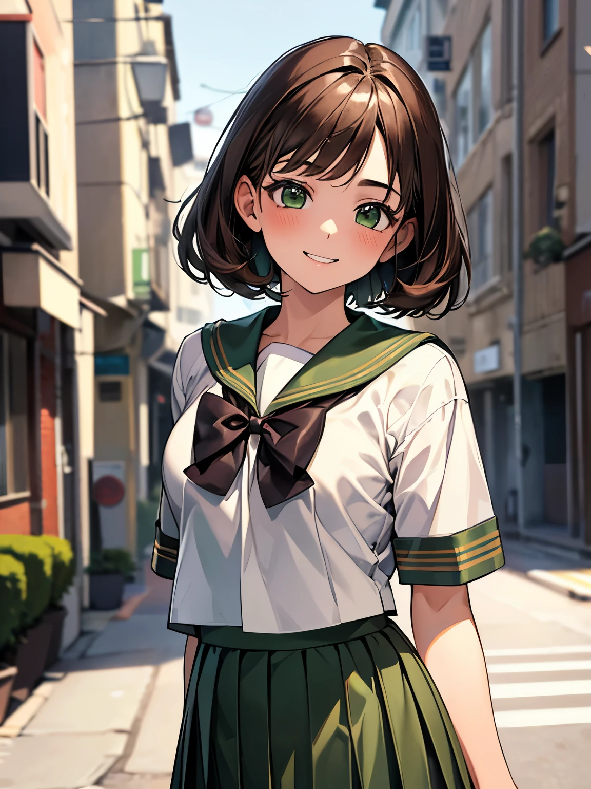 1 girl, Solo, Cute Girl, , Best Quality, Ultra-detailed, 8K, High resolution, Detailed face, dark brown hair, medium short hair, smile, happy, have fun, walking on the street, (((school uniform, sailor suit, pleated skirt, green skirt,)))