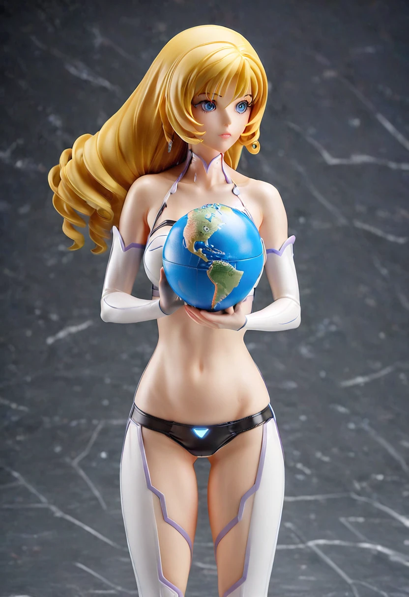 blonde woman with curly hair, sexy and futuristic underwear, holding a large earth ball in her hand, catastrophic atmosphere